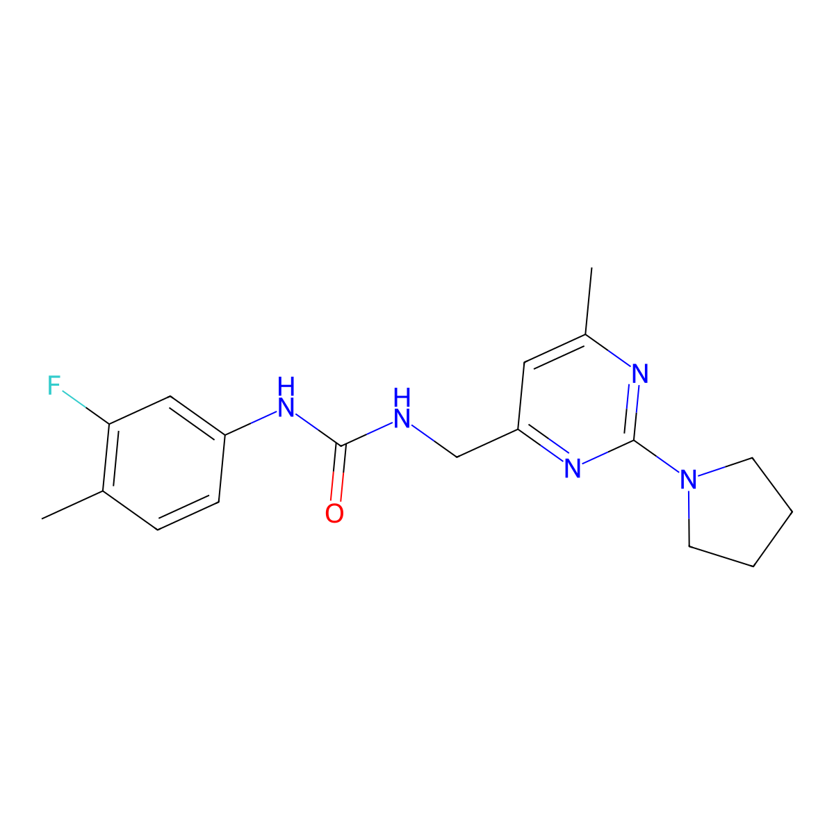 1-(3-Fluoro-4-methylphenyl)-3-((6-methyl-2-(pyrrolidin-1-yl)pyrimidin-4-yl)methyl)urea molecular structure, CAS 1797656-51-9