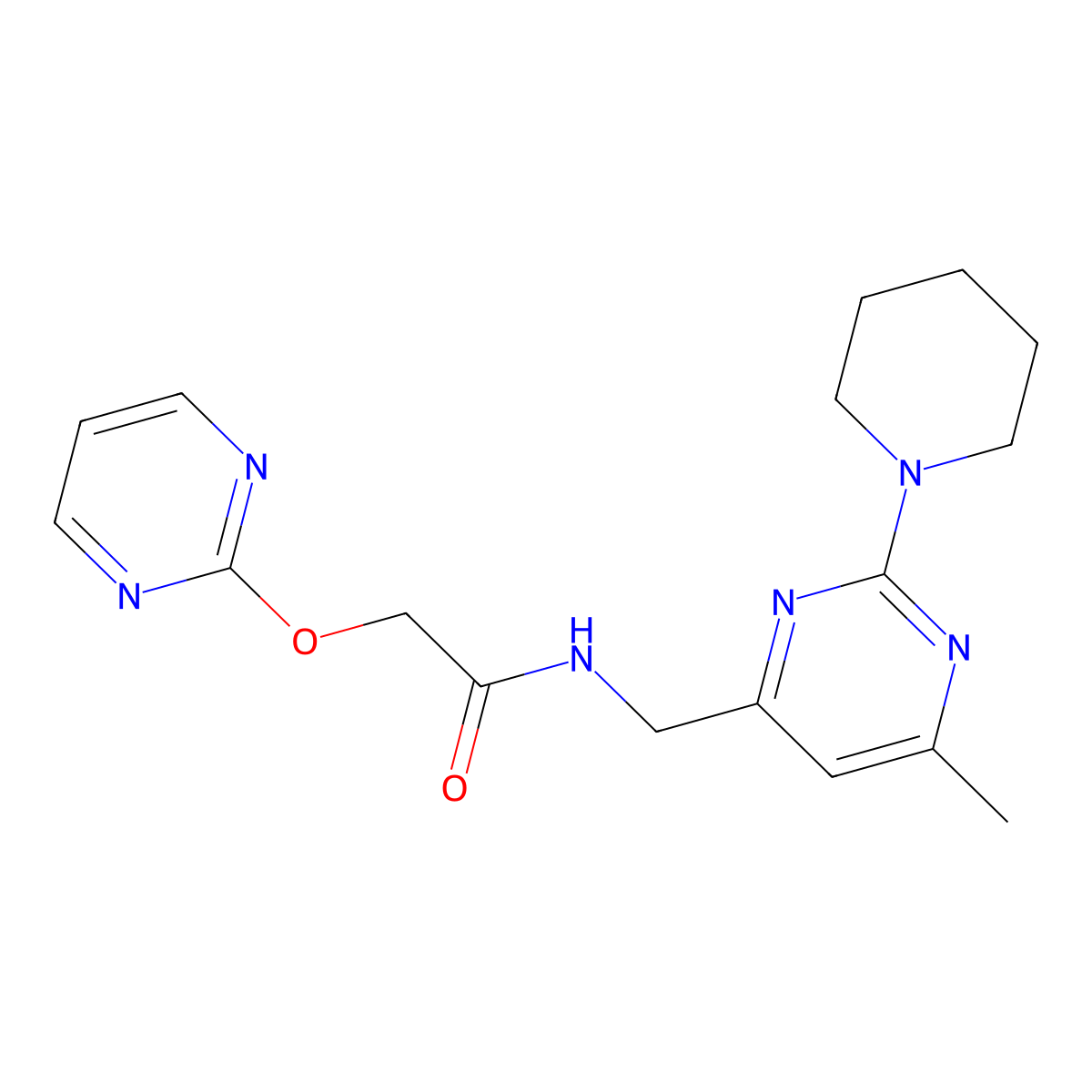 N-{[6-methyl-2-(piperidin-1-yl)pyrimidin-4-yl]methyl}-2-(pyrimidin-2-yloxy)acetamide molecular structure, CAS 1797656-71-3