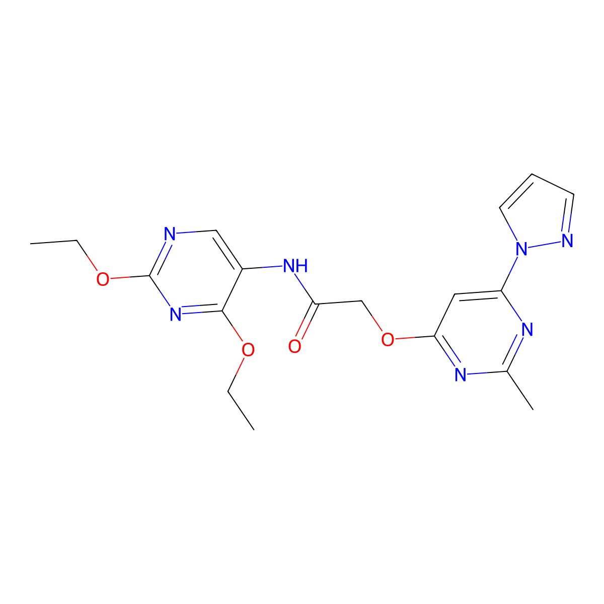 N-(2,4-diethoxypyrimidin-5-yl)-2-((2-methyl-6-(1H-pyrazol-1-yl)pyrimidin-4-yl)oxy)acetamide molecular structure, CAS 1797659-39-2