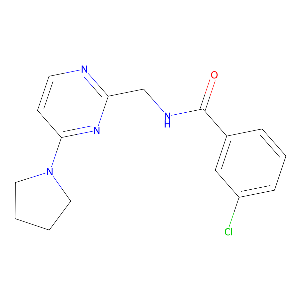3-chloro-N-((4-(pyrrolidin-1-yl)pyrimidin-2-yl)methyl)benzamide molecular structure, CAS 1797659-88-1