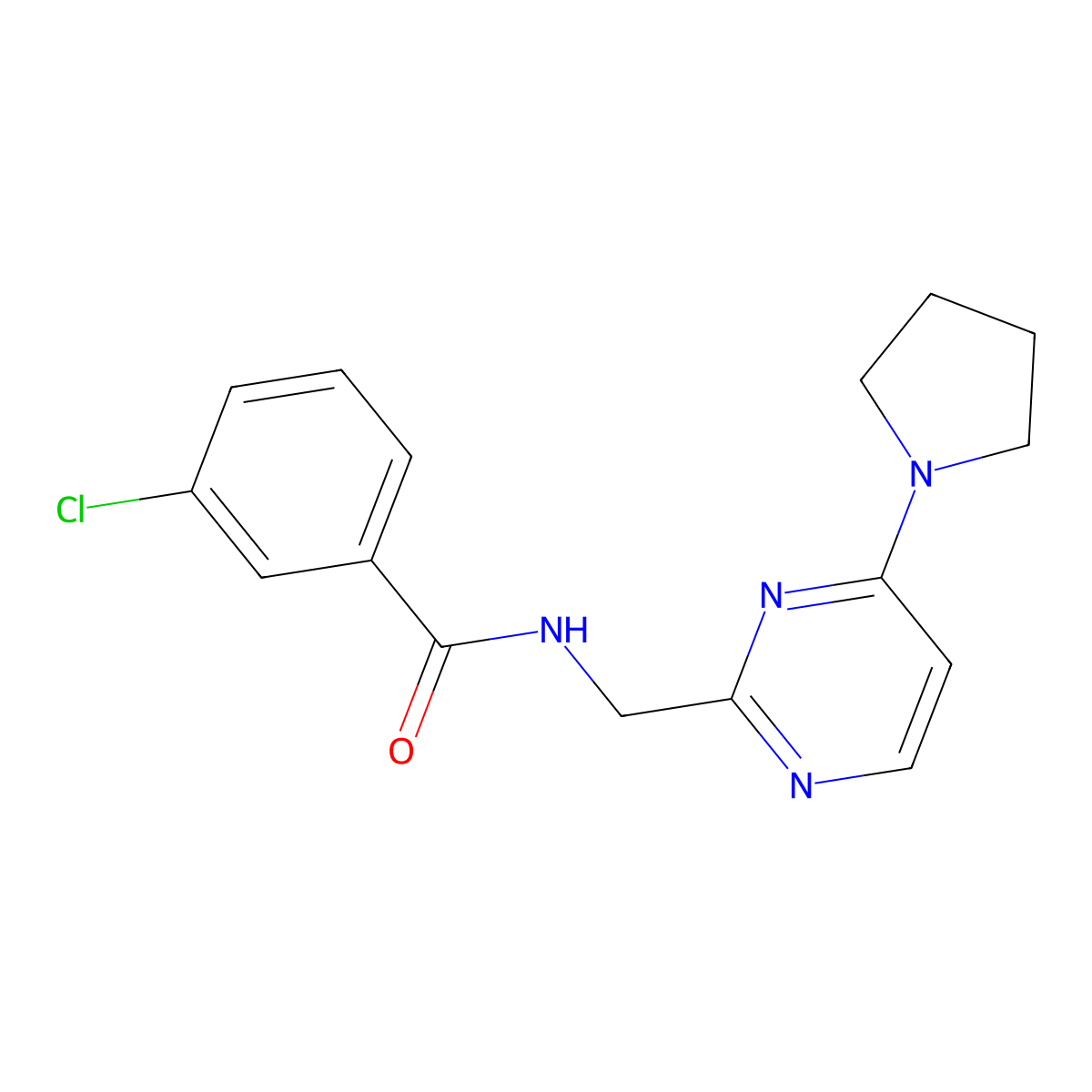 3-chloro-N-((4-(pyrrolidin-1-yl)pyrimidin-2-yl)methyl)benzamide molecular structure, CAS 1797659-88-1