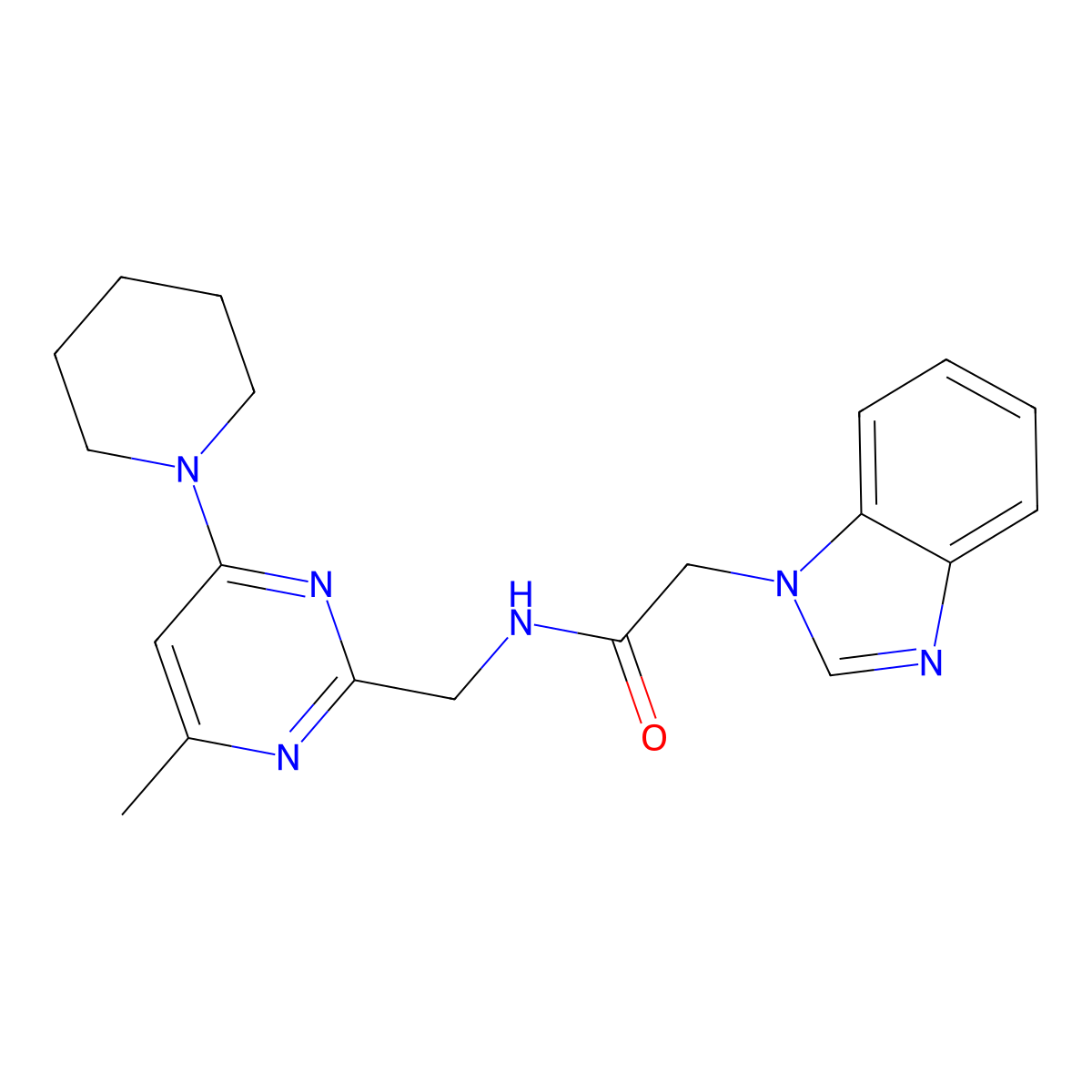 2-(1H-benzo[d]imidazol-1-yl)-N-((4-methyl-6-(piperidin-1-yl)pyrimidin-2-yl)methyl)acetamide molecular structure, CAS 1797660-25-3