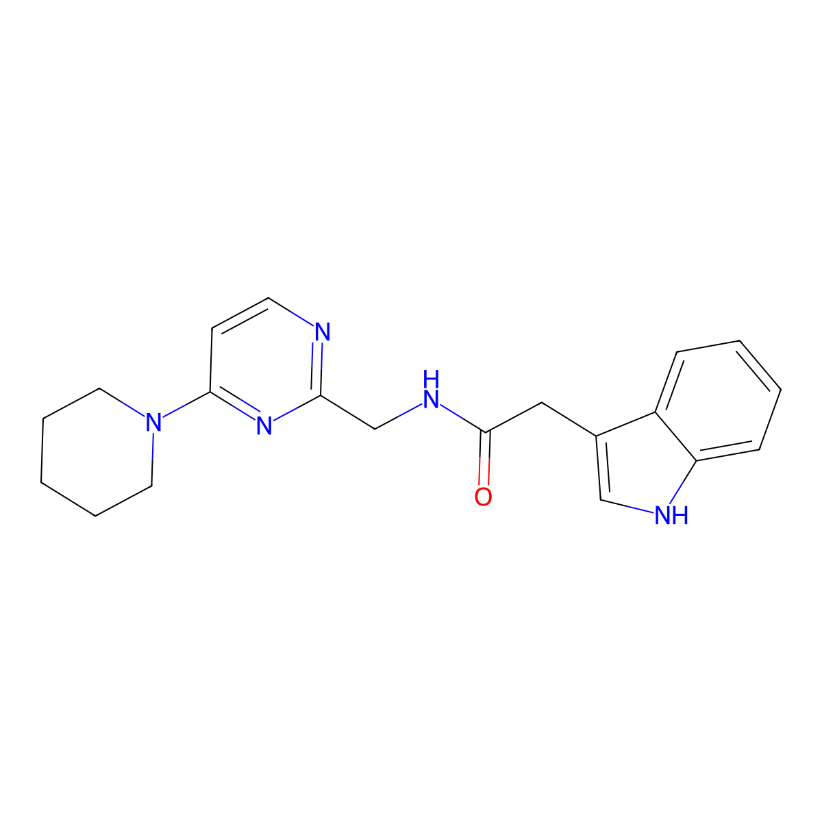 2-(1H-indol-3-yl)-N-{[4-(piperidin-1-yl)pyrimidin-2-yl]methyl}acetamide molecular structure, CAS 1797660-32-2