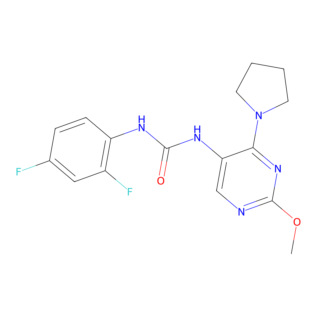 1-(2,4-Difluorophenyl)-3-[2-methoxy-4-(pyrrolidin-1-YL)pyrimidin-5-YL]urea molecular structure, CAS 1797660-38-8