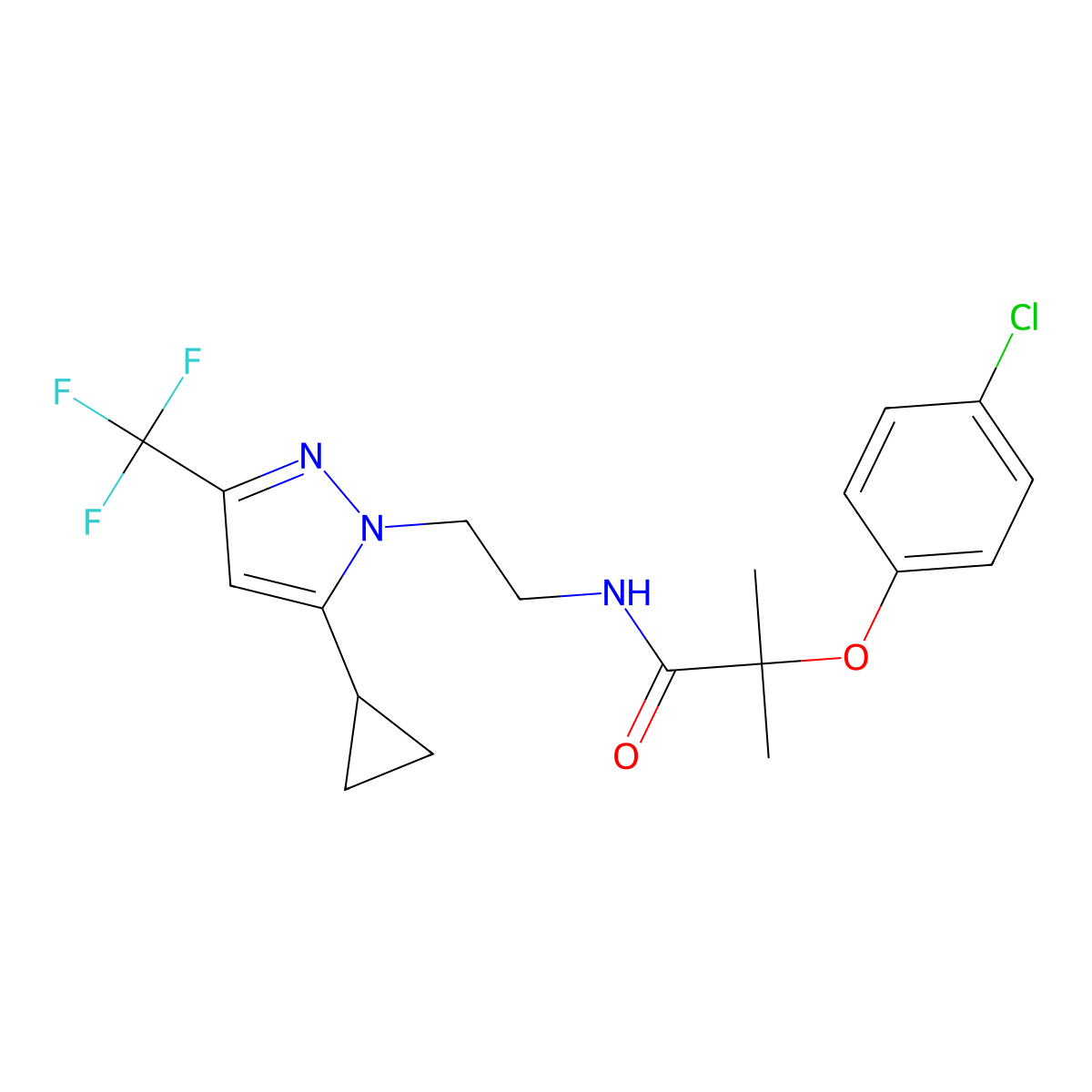 2-(4-chlorophenoxy)-N-(2-(5-cyclopropyl-3-(trifluoromethyl)-1H-pyrazol-1-yl)ethyl)-2-methylpropanamide molecular structure, CAS 1797665-90-7