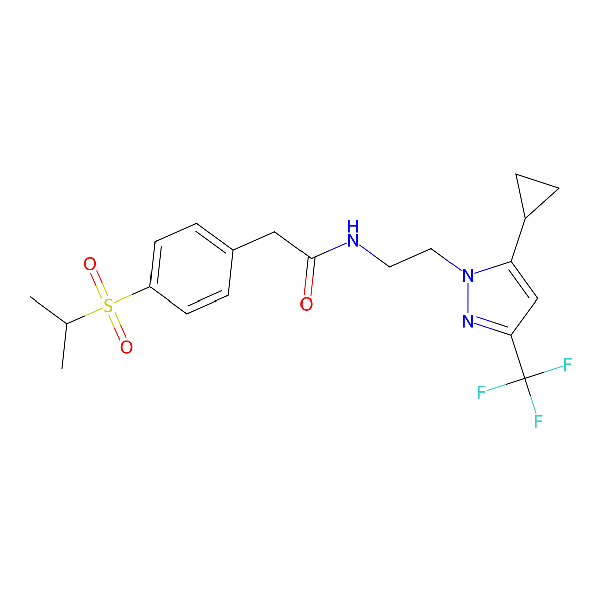 N-(2-(5-cyclopropyl-3-(trifluoromethyl)-1H-pyrazol-1-yl)ethyl)-2-(4-(isopropylsulfonyl)phenyl)acetamide molecular structure, CAS 1797666-05-7