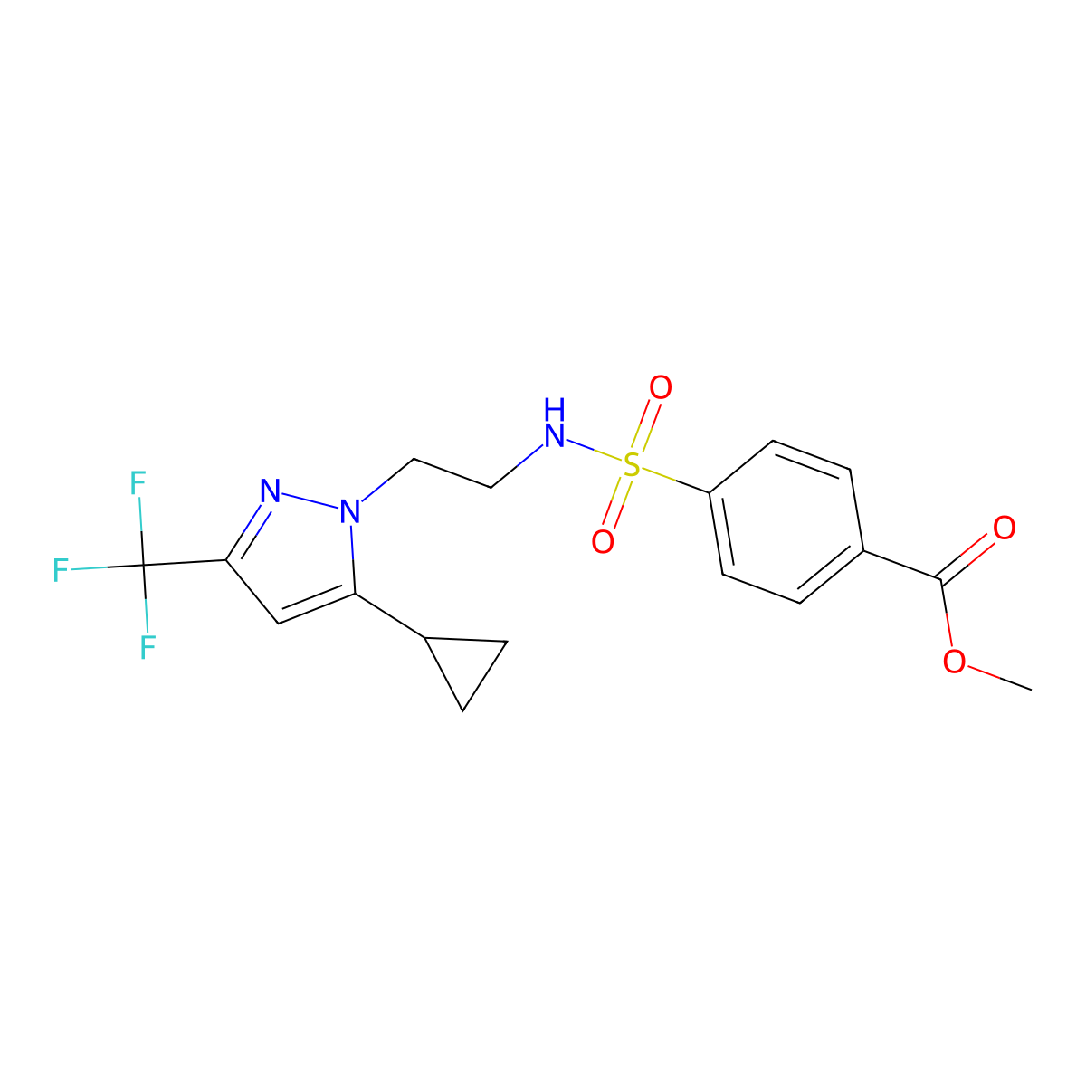 methyl 4-(N-(2-(5-cyclopropyl-3-(trifluoromethyl)-1H-pyrazol-1-yl)ethyl)sulfamoyl)benzoate molecular structure, CAS 1797666-16-0