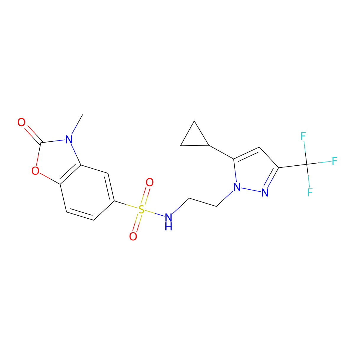 N-(2-(5-cyclopropyl-3-(trifluoromethyl)-1H-pyrazol-1-yl)ethyl)-3-methyl-2-oxo-2,3-dihydrobenzo[d]oxazole-5-sulfonamide molecular structure, CAS 1797666-43-3