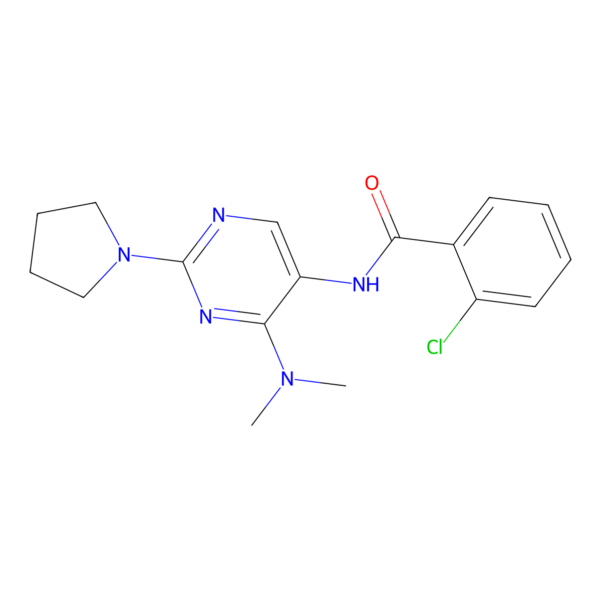 2-chloro-N-[4-(dimethylamino)-2-(pyrrolidin-1-yl)pyrimidin-5-yl]benzamide molecular structure, CAS 1797669-11-4
