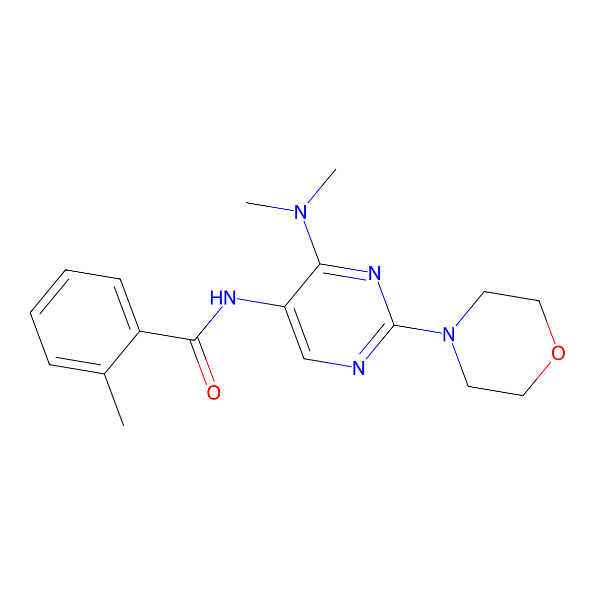 N-(4-(dimethylamino)-2-morpholinopyrimidin-5-yl)-2-methylbenzamide molecular structure, CAS 1797670-09-7