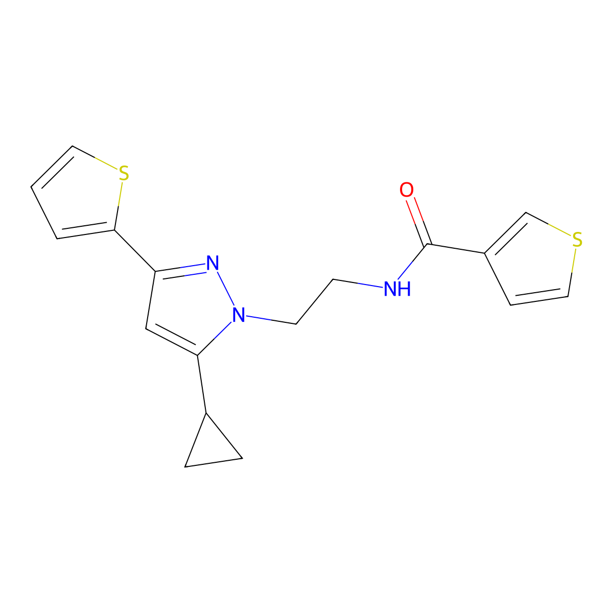 N-{2-[5-cyclopropyl-3-(thiophen-2-yl)-1H-pyrazol-1-yl]ethyl}thiophene-3-carboxamide molecular structure, CAS 1797671-87-4