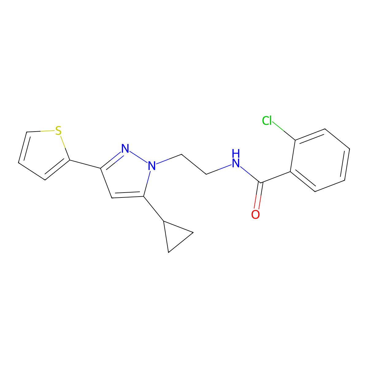 2-chloro-N-(2-(5-cyclopropyl-3-(thiophen-2-yl)-1H-pyrazol-1-yl)ethyl)benzamide molecular structure, CAS 1797671-97-6