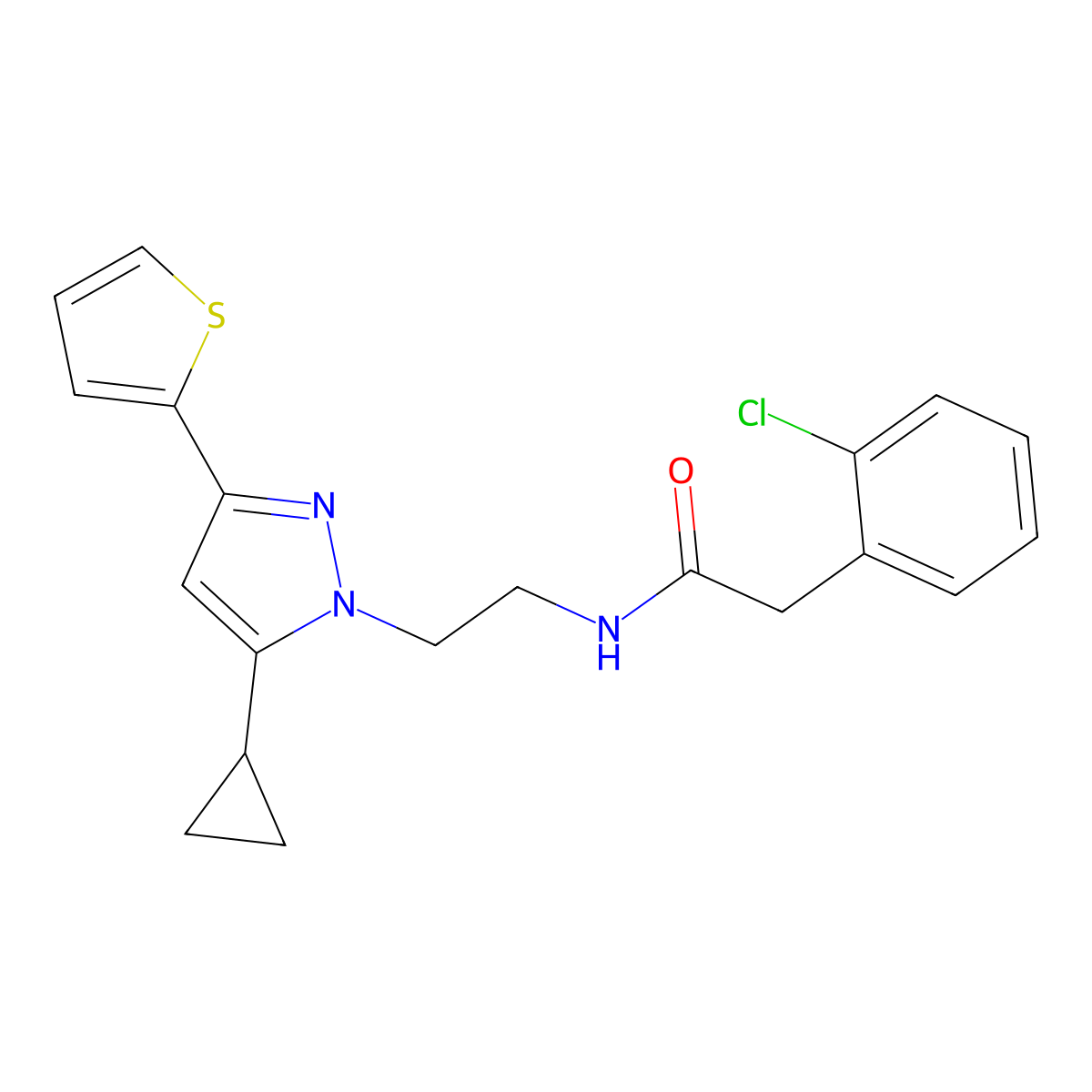 2-(2-chlorophenyl)-N-(2-(5-cyclopropyl-3-(thiophen-2-yl)-1H-pyrazol-1-yl)ethyl)acetamide molecular structure, CAS 1797672-03-7