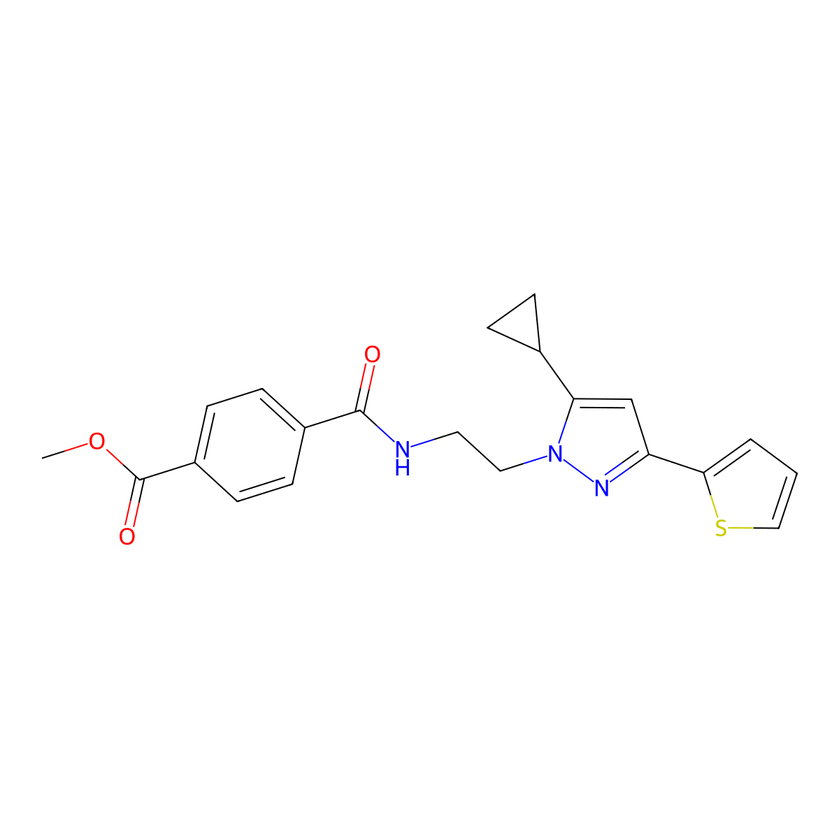 methyl 4-({2-[5-cyclopropyl-3-(thiophen-2-yl)-1H-pyrazol-1-yl]ethyl}carbamoyl)benzoate molecular structure, CAS 1797672-12-8
