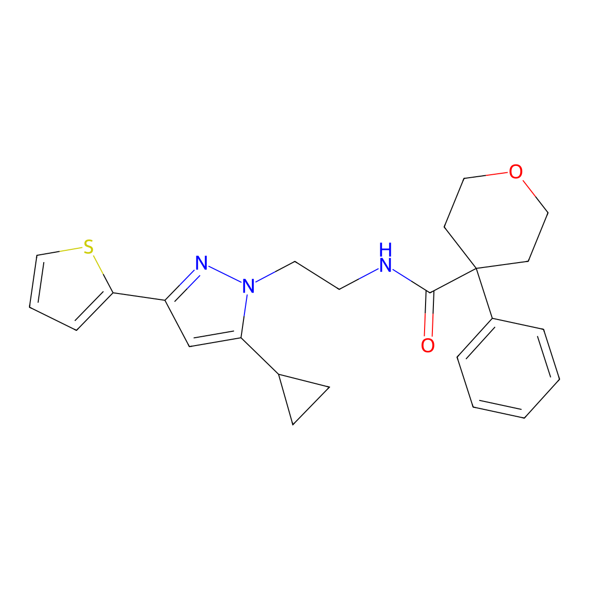 N-(2-(5-cyclopropyl-3-(thiophen-2-yl)-1H-pyrazol-1-yl)ethyl)-4-phenyltetrahydro-2H-pyran-4-carboxamide molecular structure, CAS 1797672-19-5