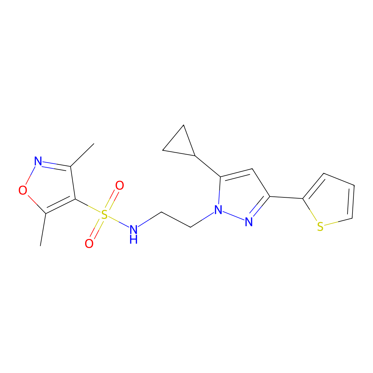N-(2-(5-cyclopropyl-3-(thiophen-2-yl)-1H-pyrazol-1-yl)ethyl)-3,5-dimethylisoxazole-4-sulfonamide molecular structure, CAS 1797672-28-6
