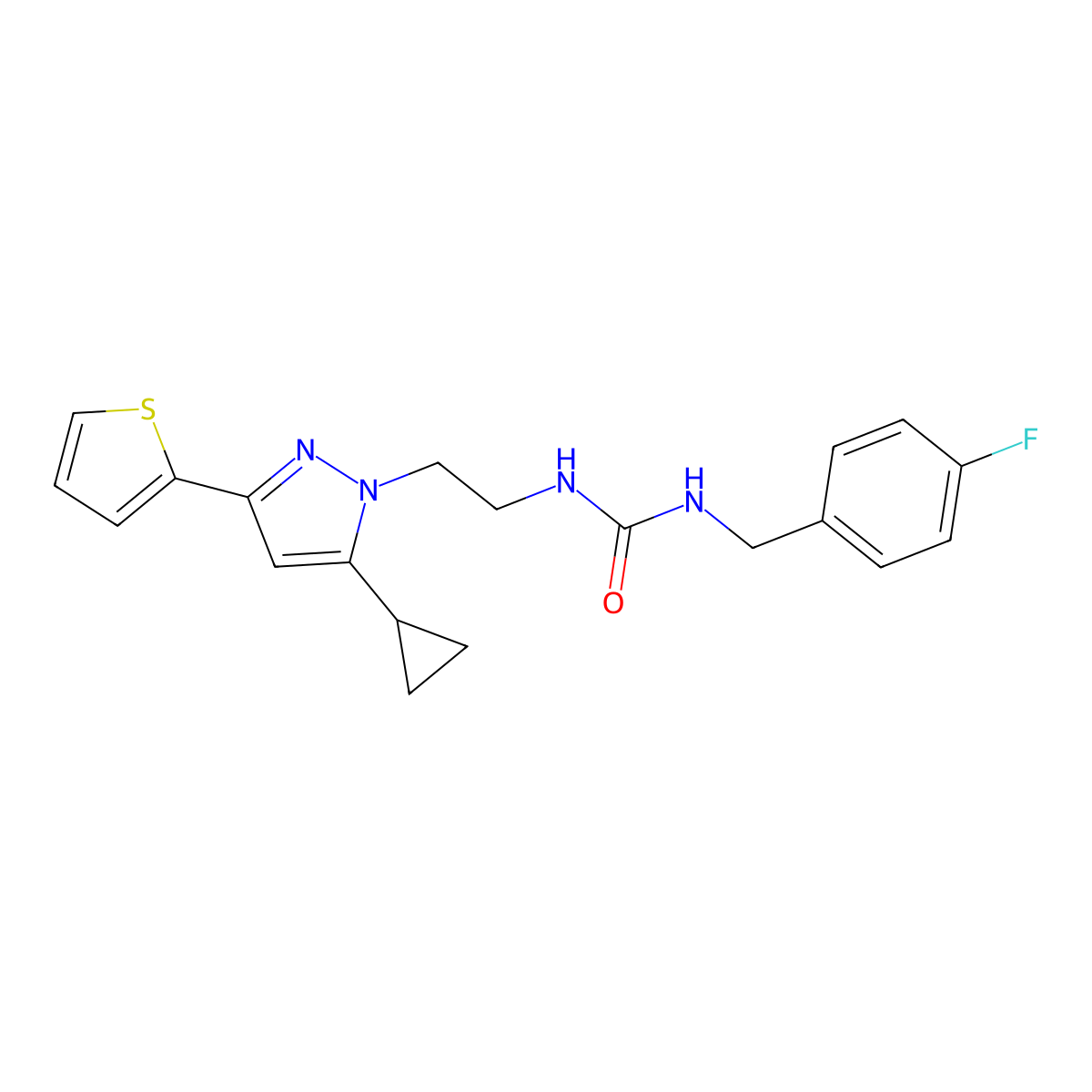 1-(2-(5-cyclopropyl-3-(thiophen-2-yl)-1H-pyrazol-1-yl)ethyl)-3-(4-fluorobenzyl)urea molecular structure, CAS 1797672-36-6