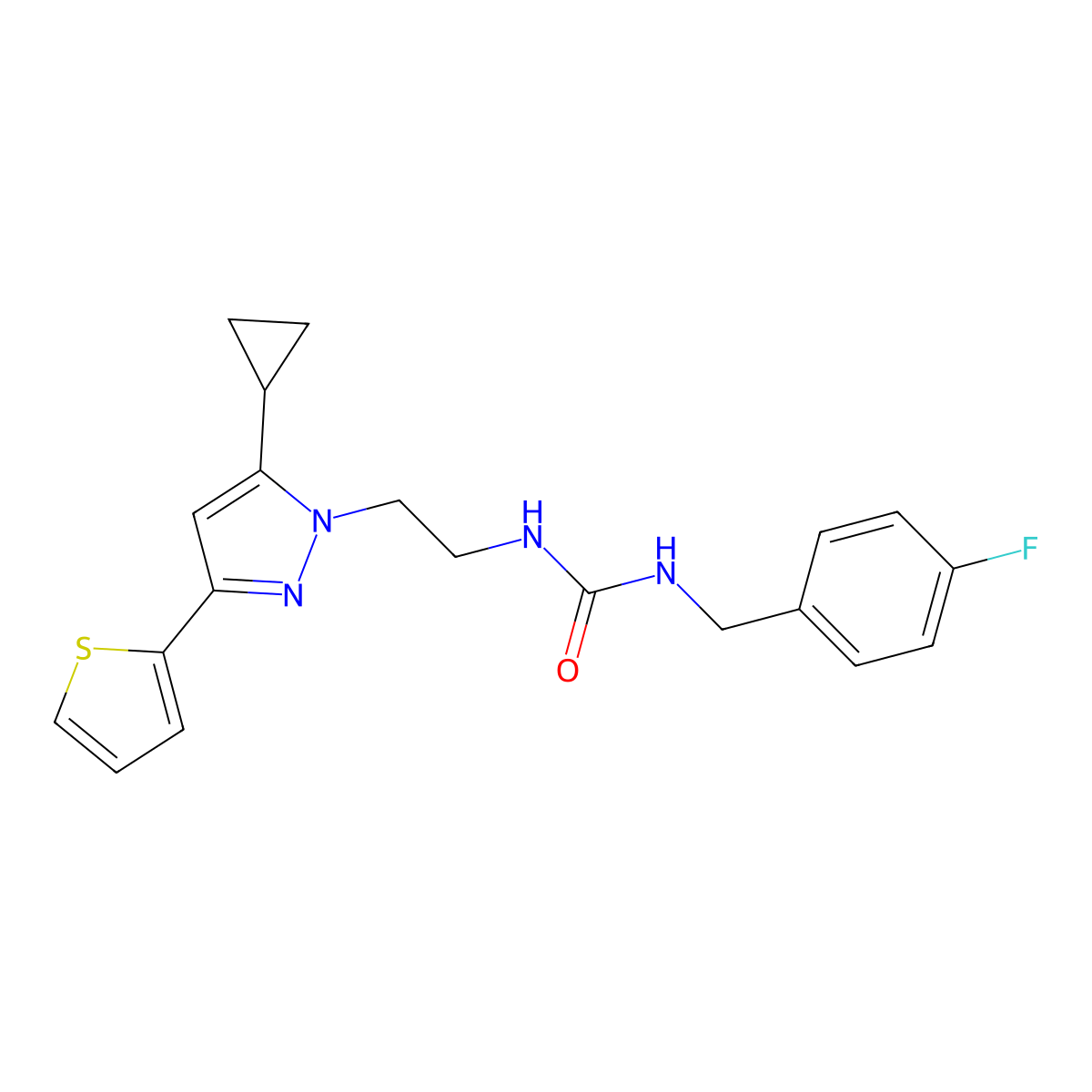1-(2-(5-cyclopropyl-3-(thiophen-2-yl)-1H-pyrazol-1-yl)ethyl)-3-(4-fluorobenzyl)urea molecular structure, CAS 1797672-36-6