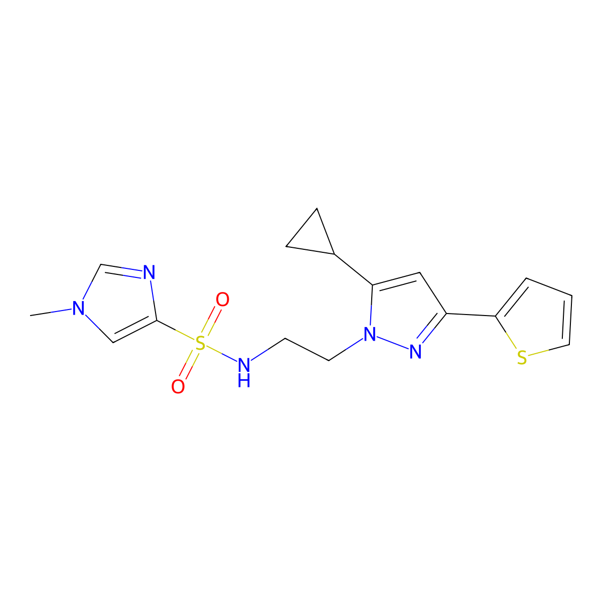 N-{2-[5-cyclopropyl-3-(thiophen-2-yl)-1H-pyrazol-1-yl]ethyl}-1-methyl-1H-imidazole-4-sulfonamide molecular structure, CAS 1797672-43-5