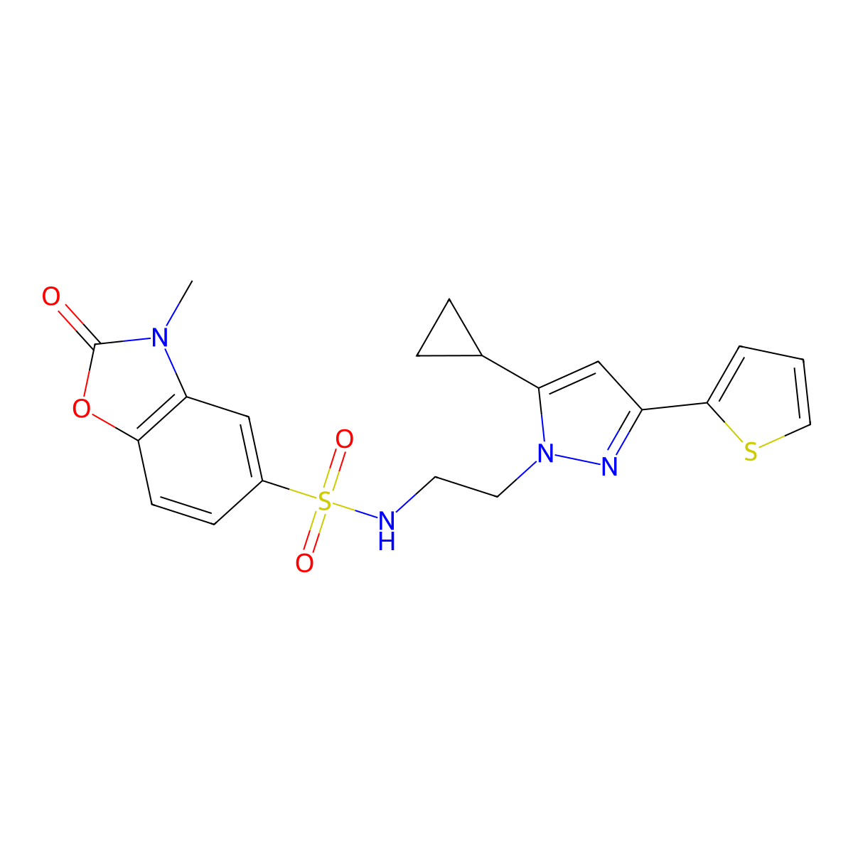 N-(2-(5-cyclopropyl-3-(thiophen-2-yl)-1H-pyrazol-1-yl)ethyl)-3-methyl-2-oxo-2,3-dihydrobenzo[d]oxazole-5-sulfonamide molecular structure, CAS 1797672-46-8