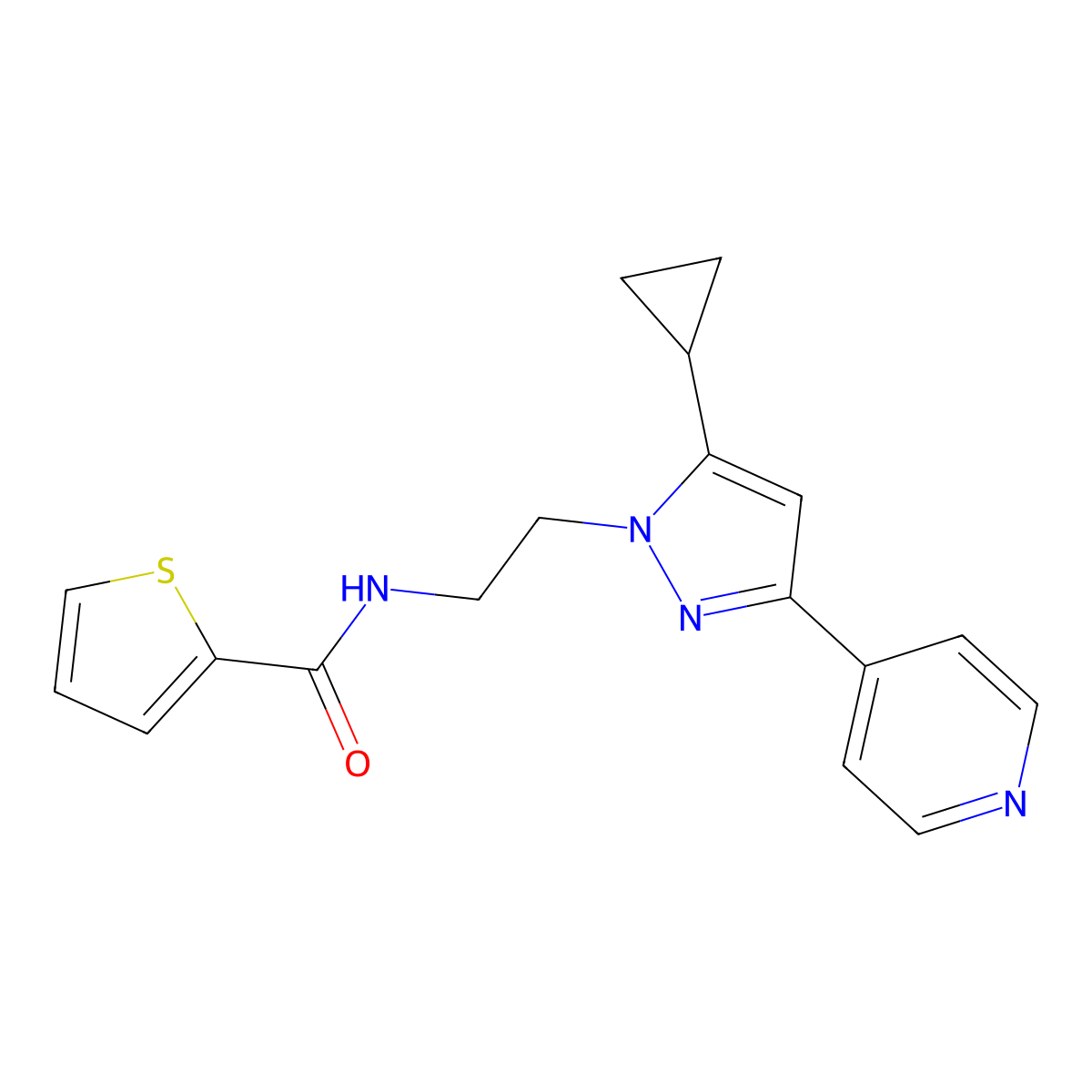 N-{2-[5-cyclopropyl-3-(pyridin-4-yl)-1H-pyrazol-1-yl]ethyl}thiophene-2-carboxamide molecular structure, CAS 1797672-52-6