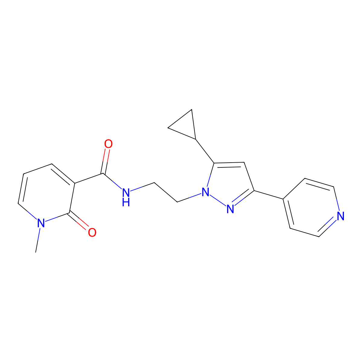 N-(2-(5-cyclopropyl-3-(pyridin-4-yl)-1H-pyrazol-1-yl)ethyl)-1-methyl-2-oxo-1,2-dihydropyridine-3-carboxamide molecular structure, CAS 1797672-83-3