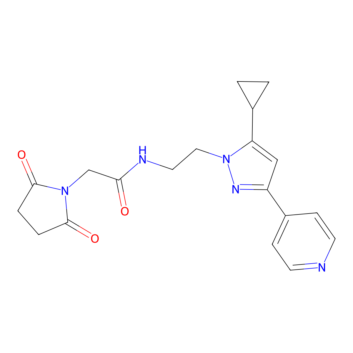 N-{2-[5-cyclopropyl-3-(pyridin-4-yl)-1H-pyrazol-1-yl]ethyl}-2-(2,5-dioxopyrrolidin-1-yl)acetamide molecular structure, CAS 1797673-05-2