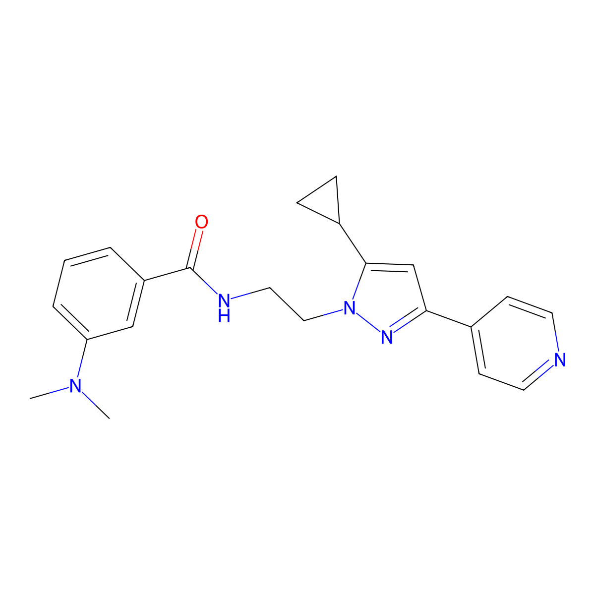 N-{2-[5-cyclopropyl-3-(pyridin-4-yl)-1H-pyrazol-1-yl]ethyl}-3-(dimethylamino)benzamide molecular structure, CAS 1797673-20-1