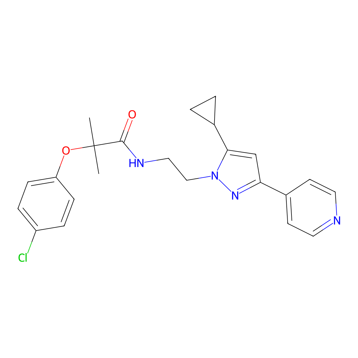 2-(4-chlorophenoxy)-N-(2-(5-cyclopropyl-3-(pyridin-4-yl)-1H-pyrazol-1-yl)ethyl)-2-methylpropanamide molecular structure, CAS 1797673-32-5