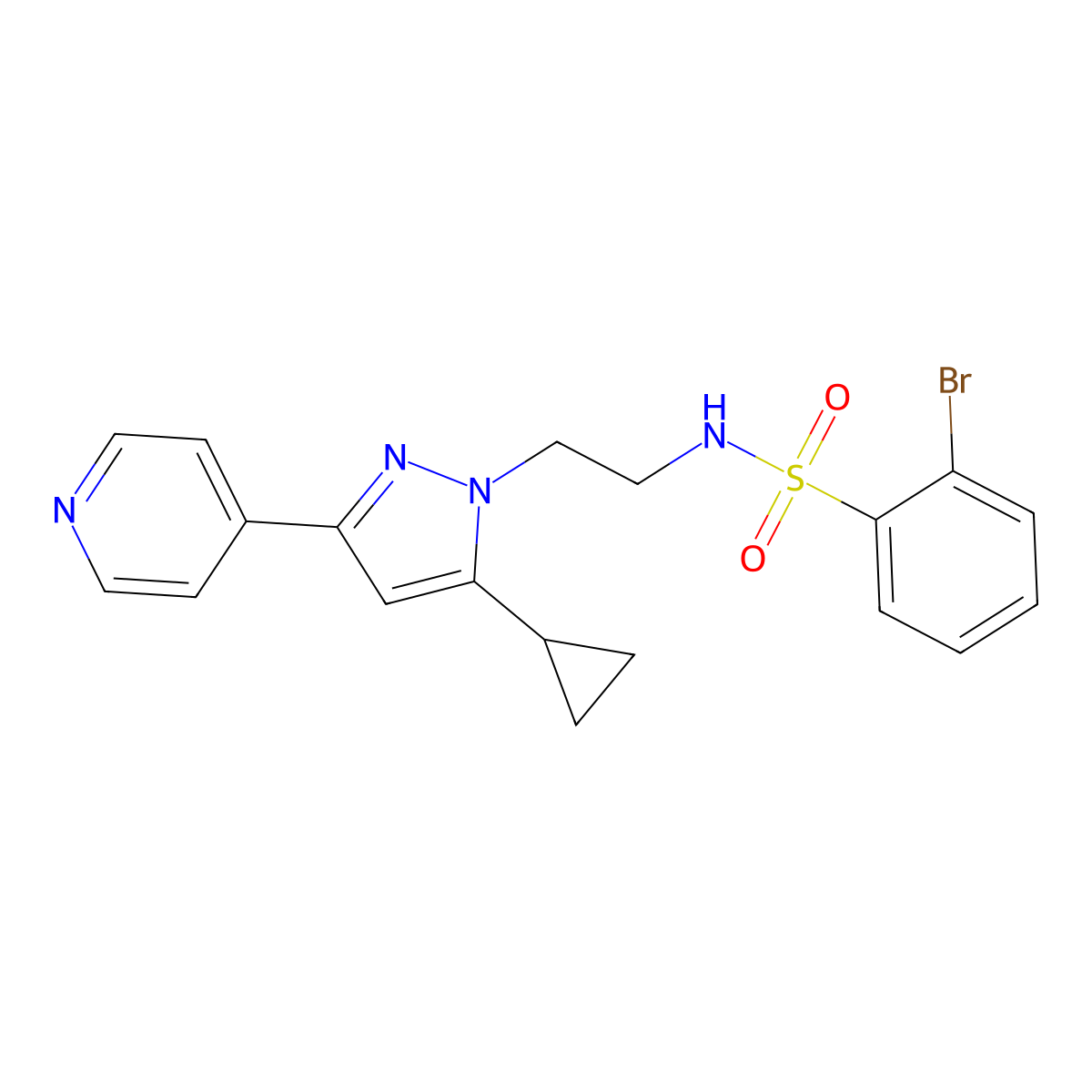 2-bromo-N-(2-(5-cyclopropyl-3-(pyridin-4-yl)-1H-pyrazol-1-yl)ethyl)benzenesulfonamide molecular structure, CAS 1797673-57-4