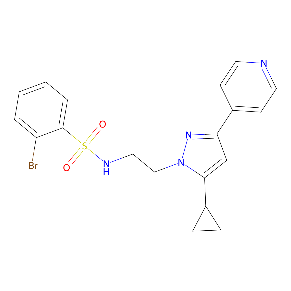 2-bromo-N-(2-(5-cyclopropyl-3-(pyridin-4-yl)-1H-pyrazol-1-yl)ethyl)benzenesulfonamide molecular structure, CAS 1797673-57-4