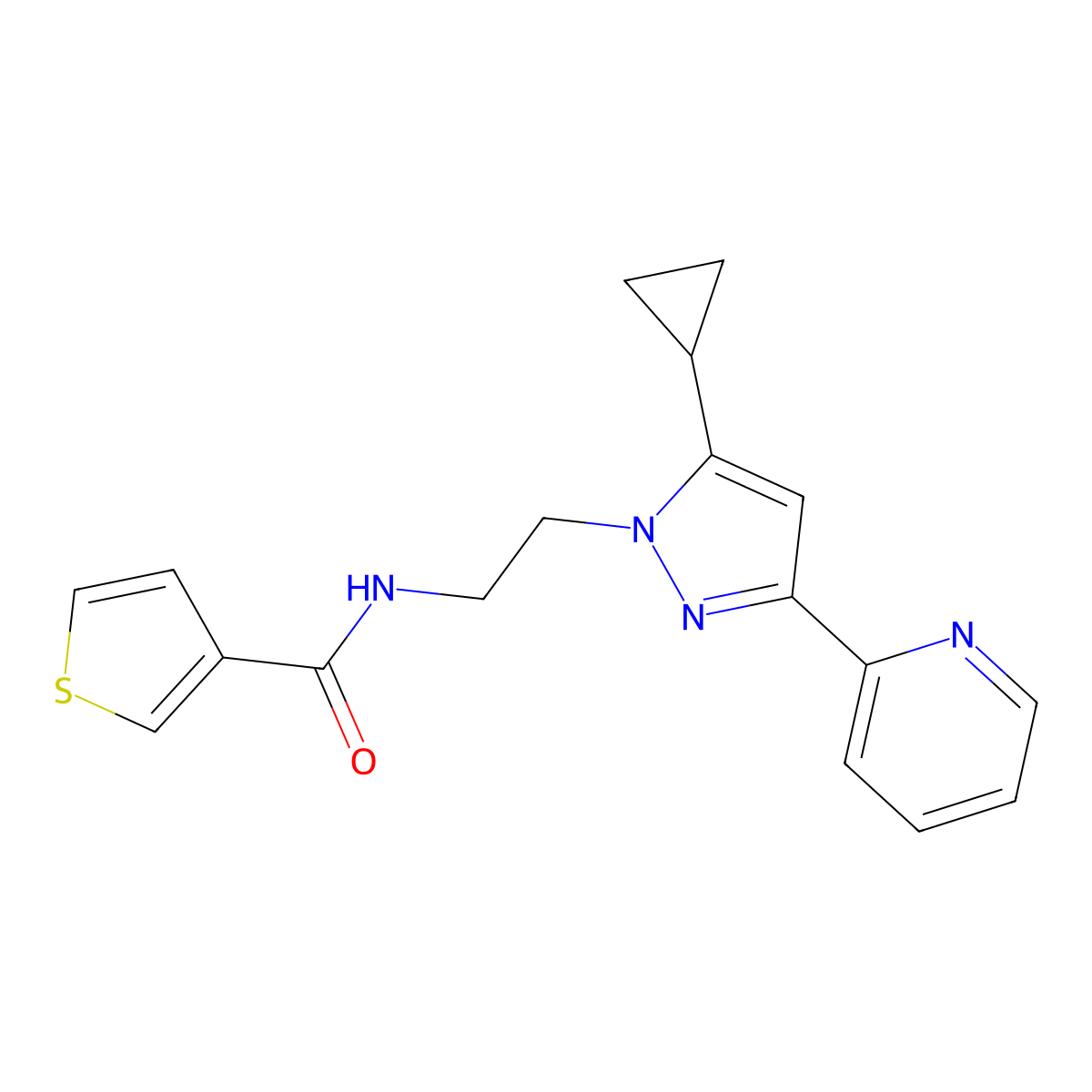 N-(2-(5-cyclopropyl-3-(pyridin-2-yl)-1H-pyrazol-1-yl)ethyl)thiophene-3-carboxamide molecular structure, CAS 1797674-11-3