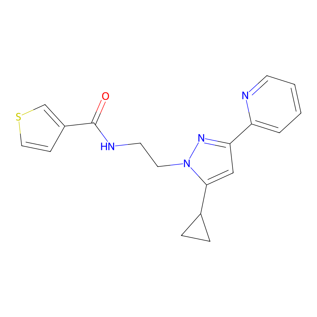 N-(2-(5-cyclopropyl-3-(pyridin-2-yl)-1H-pyrazol-1-yl)ethyl)thiophene-3-carboxamide molecular structure, CAS 1797674-11-3