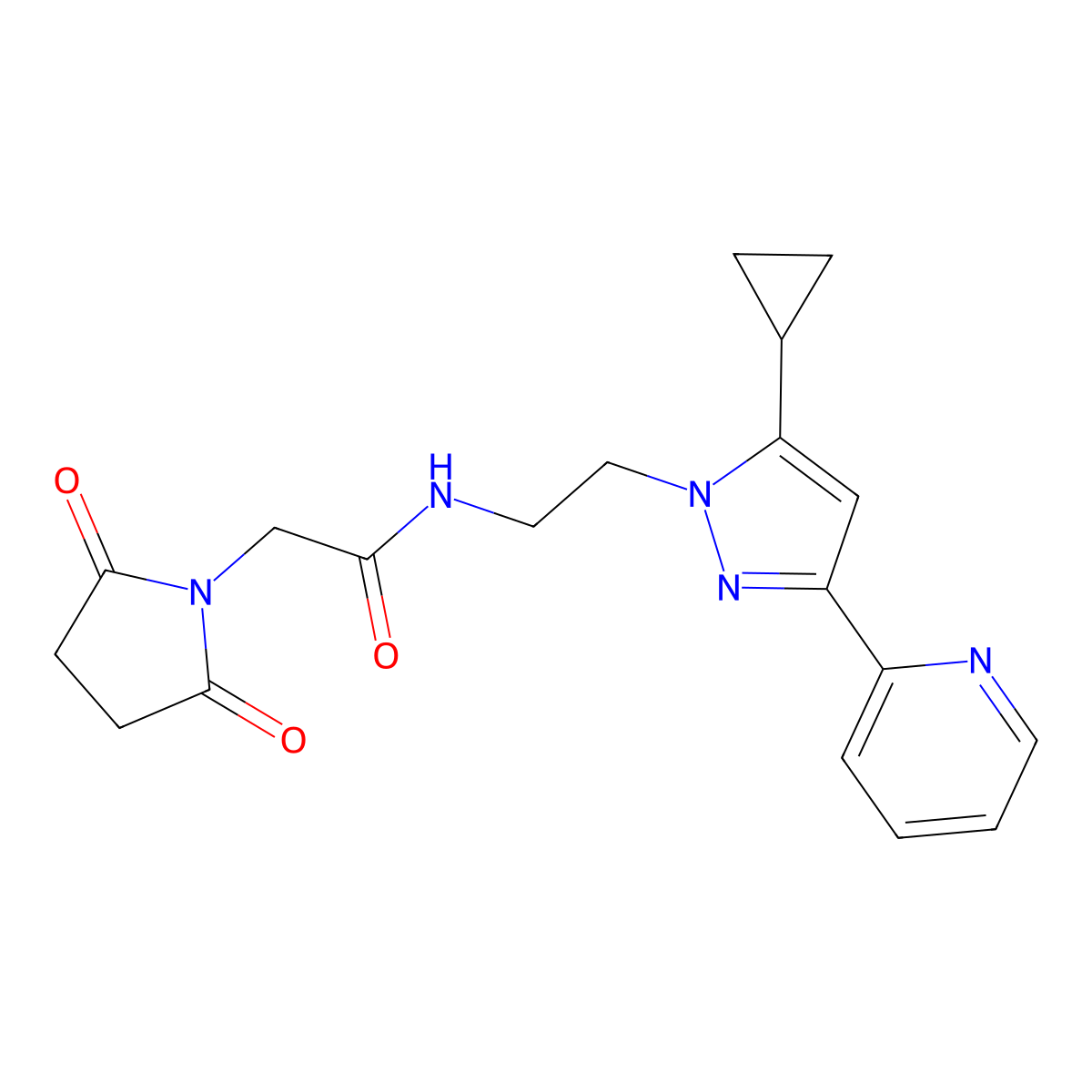 N-{2-[5-cyclopropyl-3-(pyridin-2-yl)-1H-pyrazol-1-yl]ethyl}-2-(2,5-dioxopyrrolidin-1-yl)acetamide molecular structure, CAS 1797674-18-0