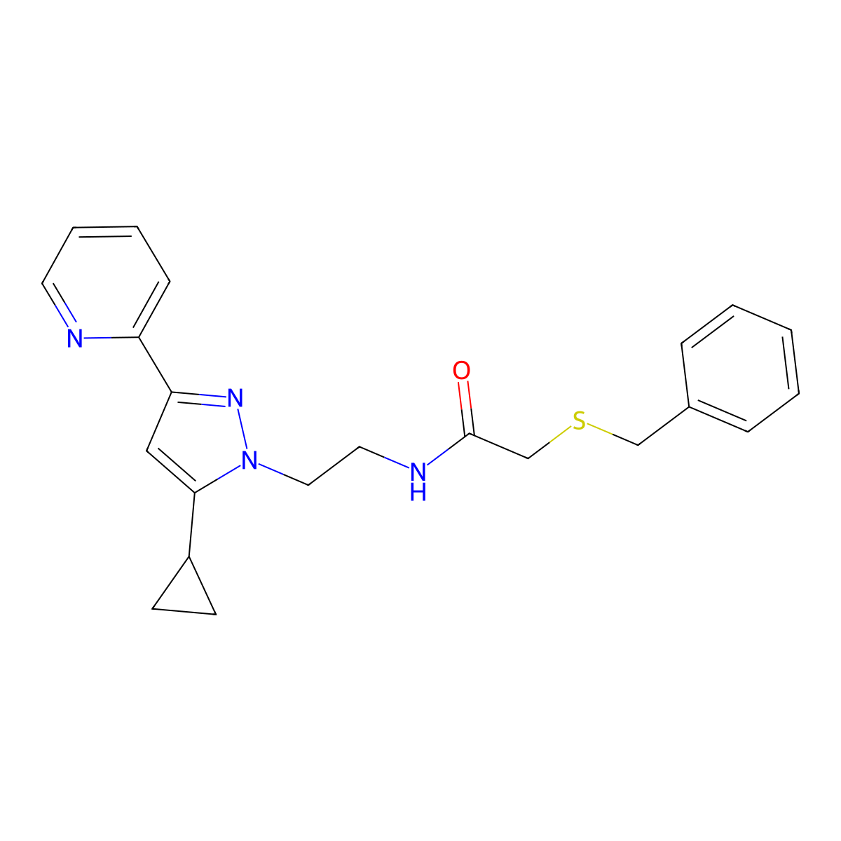 2-(benzylthio)-N-(2-(5-cyclopropyl-3-(pyridin-2-yl)-1H-pyrazol-1-yl)ethyl)acetamide molecular structure, CAS 1797674-22-6