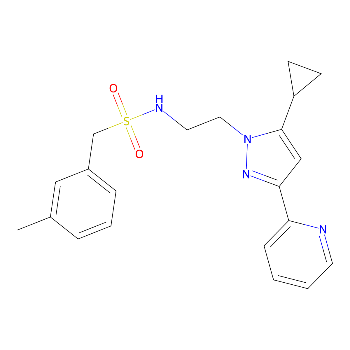 N-(2-(5-cyclopropyl-3-(pyridin-2-yl)-1H-pyrazol-1-yl)ethyl)-1-(m-tolyl)methanesulfonamide molecular structure, CAS 1797674-28-2