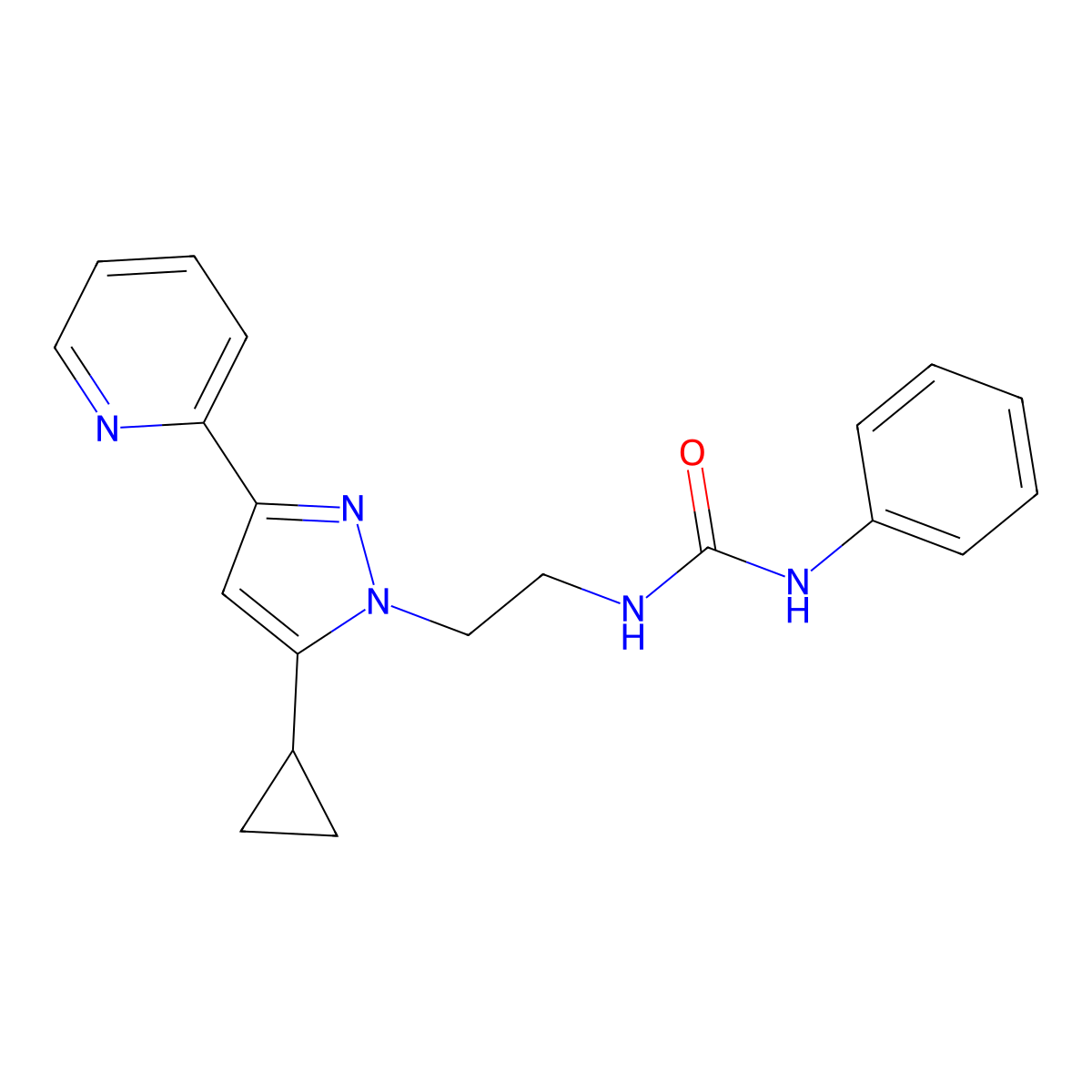 1-(2-(5-cyclopropyl-3-(pyridin-2-yl)-1H-pyrazol-1-yl)ethyl)-3-phenylurea molecular structure, CAS 1797674-32-8