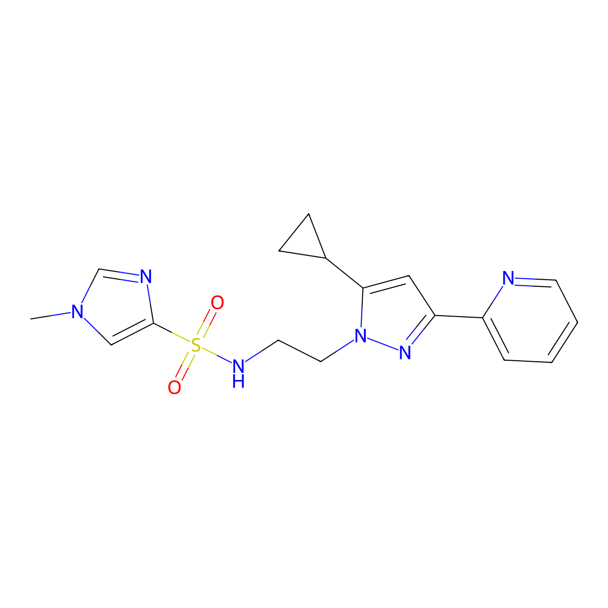 N-{2-[5-cyclopropyl-3-(pyridin-2-yl)-1H-pyrazol-1-yl]ethyl}-1-methyl-1H-imidazole-4-sulfonamide molecular structure, CAS 1797674-37-3