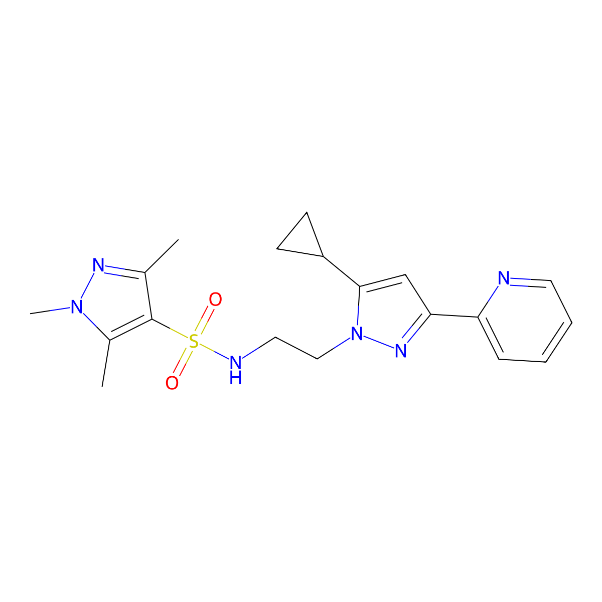 N-{2-[5-cyclopropyl-3-(pyridin-2-yl)-1H-pyrazol-1-yl]ethyl}-1,3,5-trimethyl-1H-pyrazole-4-sulfonamide molecular structure, CAS 1797674-43-1