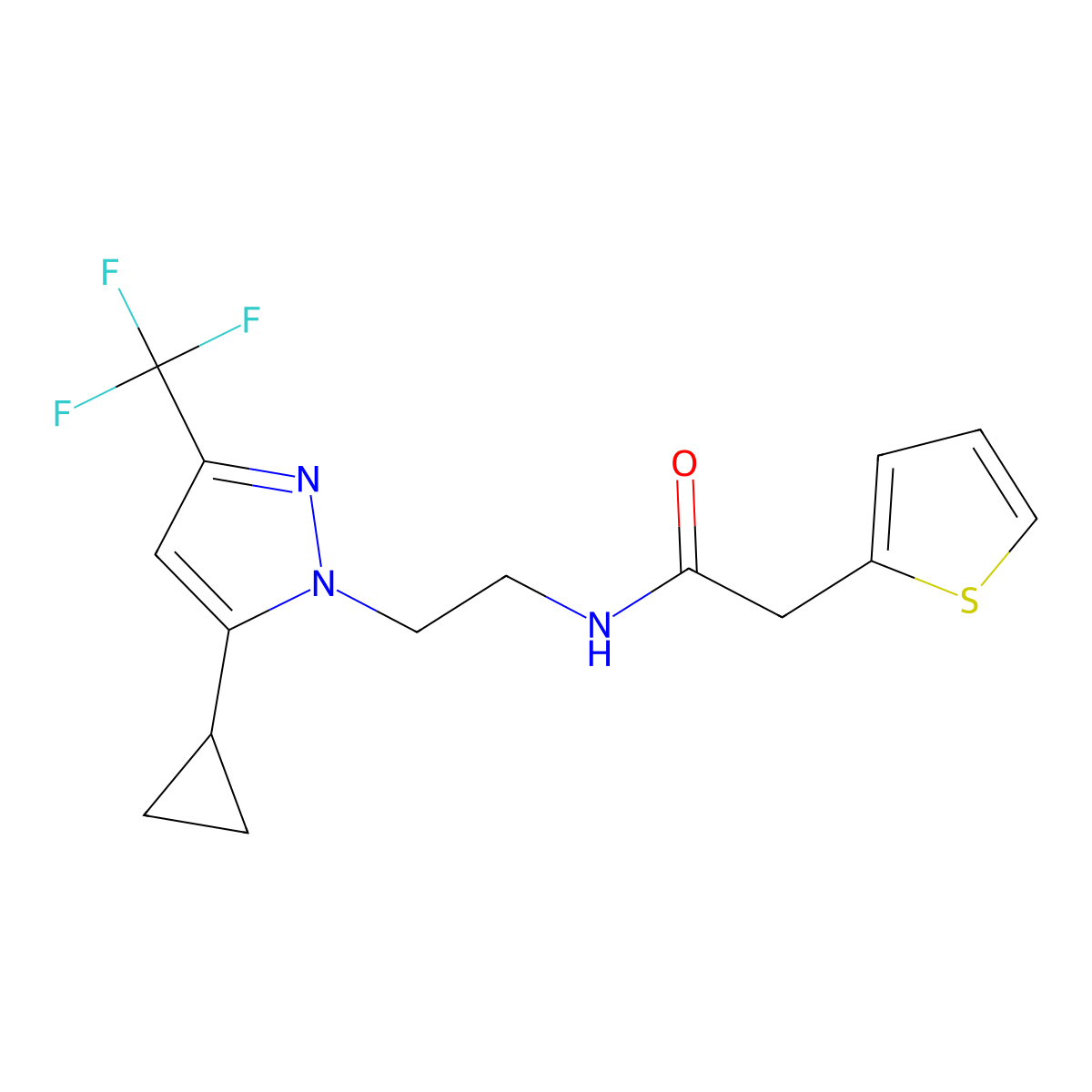 N-{2-[5-cyclopropyl-3-(trifluoromethyl)-1H-pyrazol-1-yl]ethyl}-2-(thiophen-2-yl)acetamide molecular structure, CAS 1797674-82-8