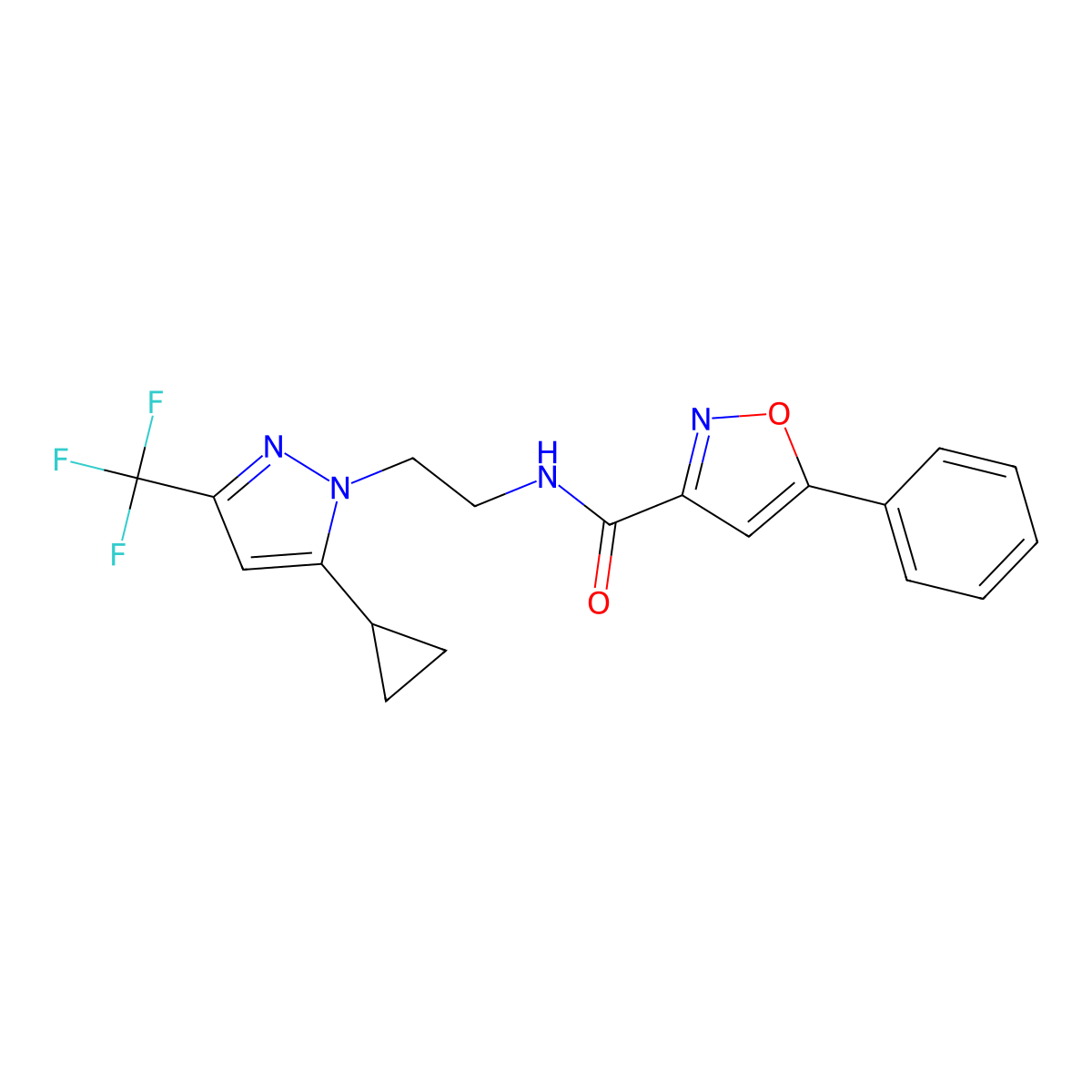N-(2-(5-cyclopropyl-3-(trifluoromethyl)-1H-pyrazol-1-yl)ethyl)-5-phenylisoxazole-3-carboxamide molecular structure, CAS 1797675-10-5