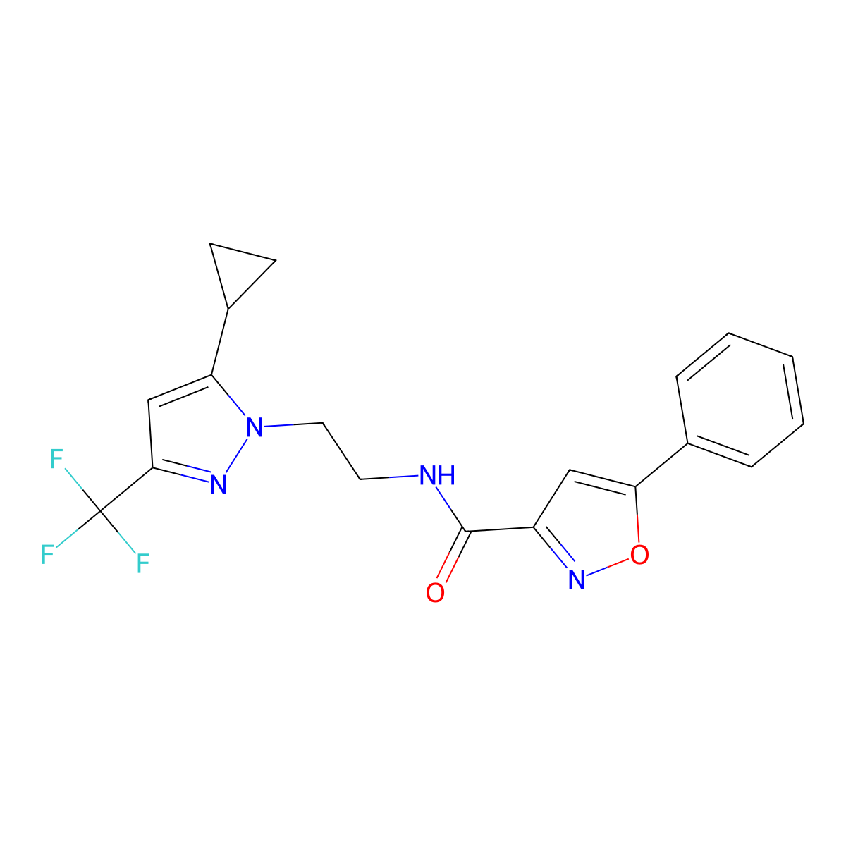 N-(2-(5-cyclopropyl-3-(trifluoromethyl)-1H-pyrazol-1-yl)ethyl)-5-phenylisoxazole-3-carboxamide molecular structure, CAS 1797675-10-5