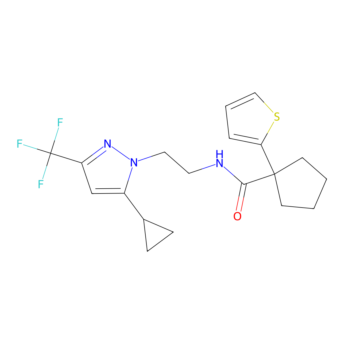 N-(2-(5-cyclopropyl-3-(trifluoromethyl)-1H-pyrazol-1-yl)ethyl)-1-(thiophen-2-yl)cyclopentanecarboxamide molecular structure, CAS 1797675-11-6