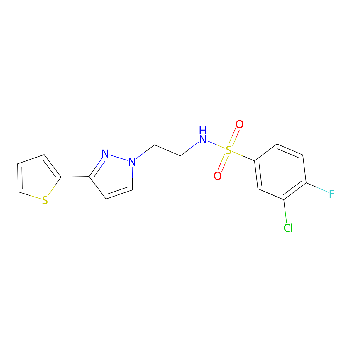 3-chloro-4-fluoro-N-(2-(3-(thiophen-2-yl)-1H-pyrazol-1-yl)ethyl)benzenesulfonamide molecular structure, CAS 1797679-34-5