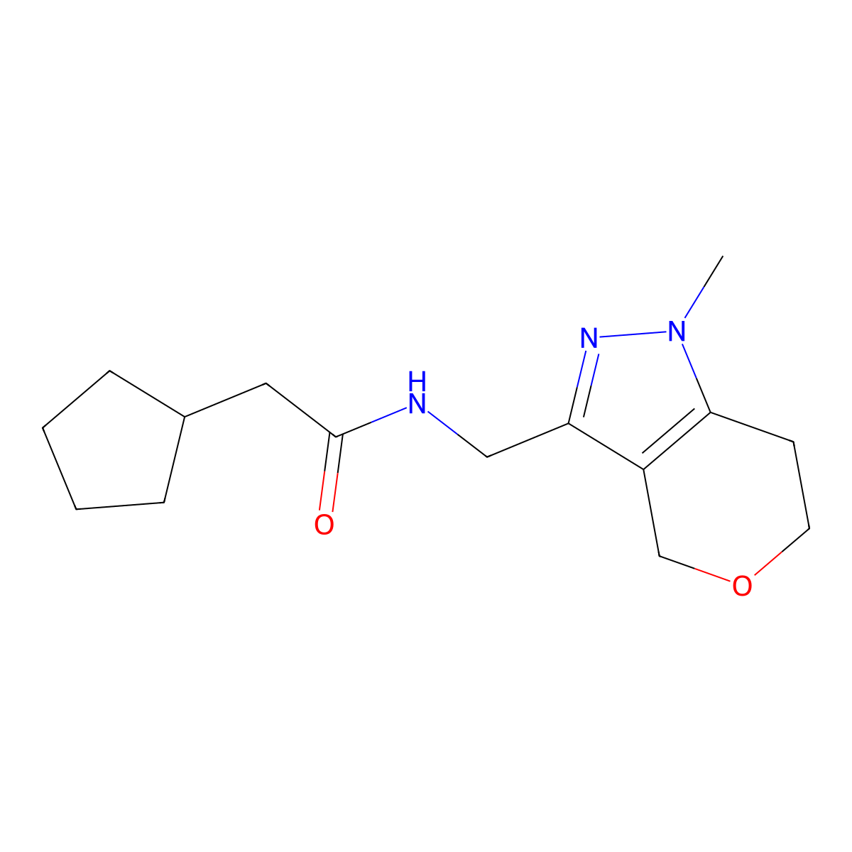 2-cyclopentyl-N-((1-methyl-1,4,6,7-tetrahydropyrano[4,3-c]pyrazol-3-yl)methyl)acetamide molecular structure, CAS 1797680-78-4