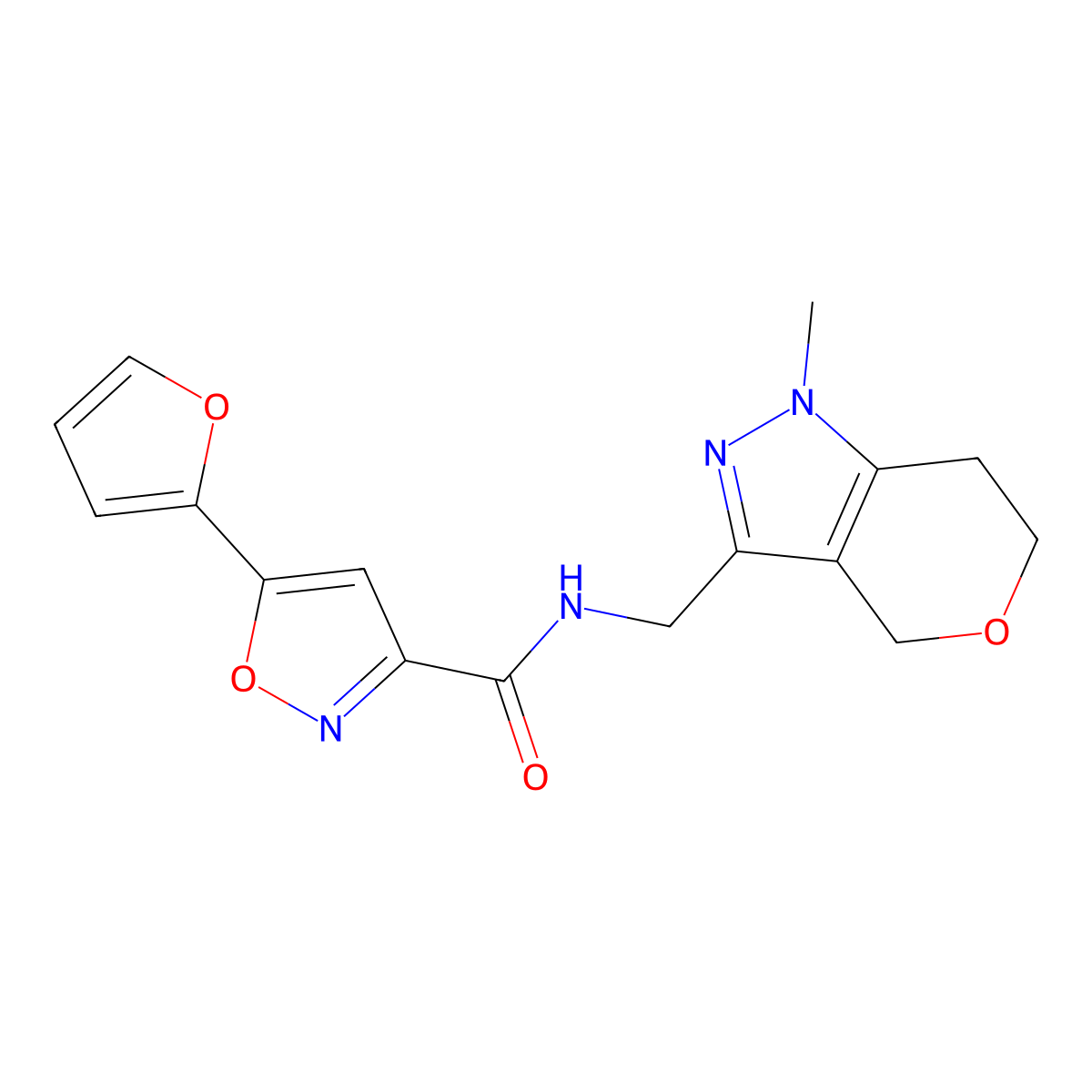 5-(furan-2-yl)-N-((1-methyl-1,4,6,7-tetrahydropyrano[4,3-c]pyrazol-3-yl)methyl)isoxazole-3-carboxamide molecular structure, CAS 1797681-45-8