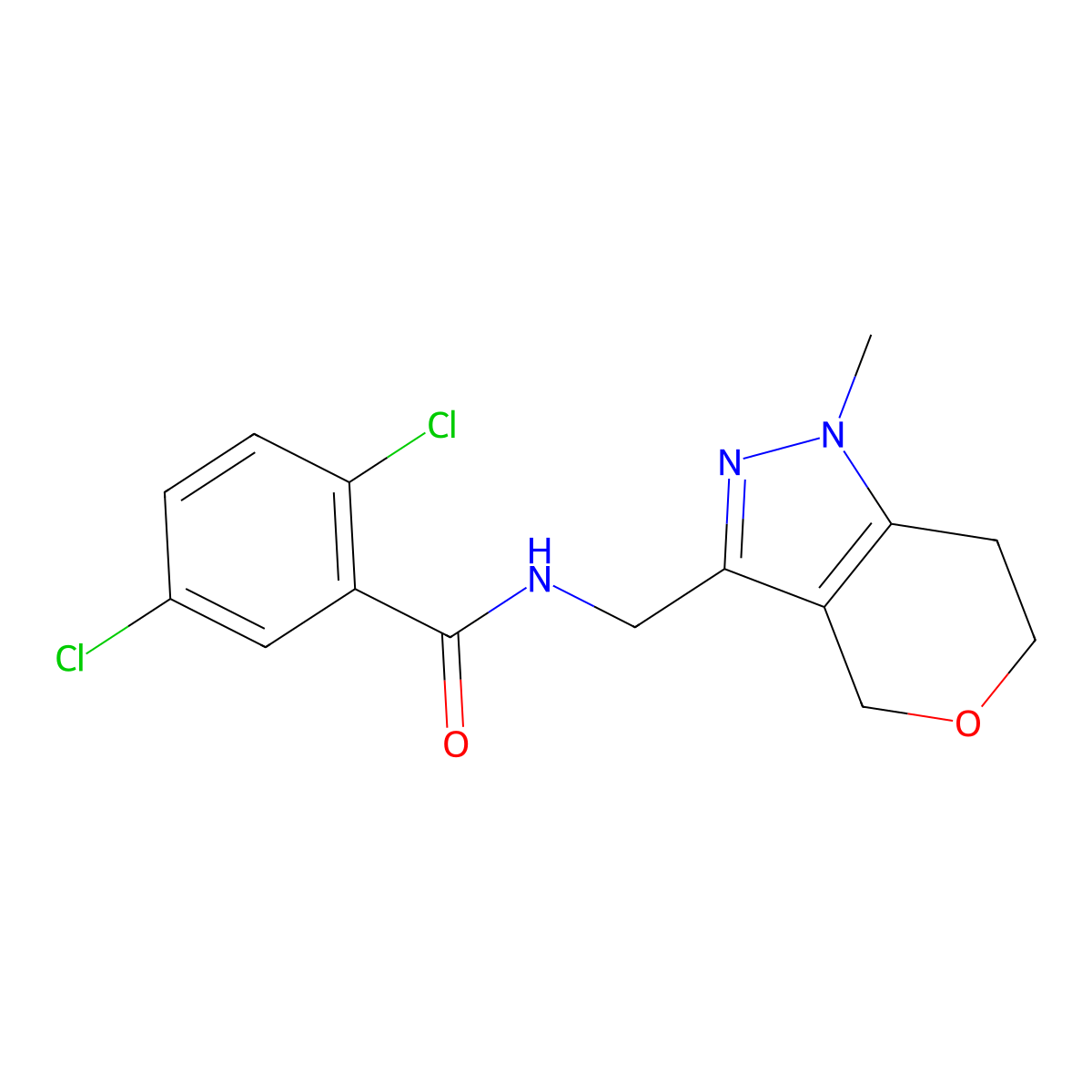 2,5-dichloro-N-((1-methyl-1,4,6,7-tetrahydropyrano[4,3-c]pyrazol-3-yl)methyl)benzamide molecular structure, CAS 1797681-60-7