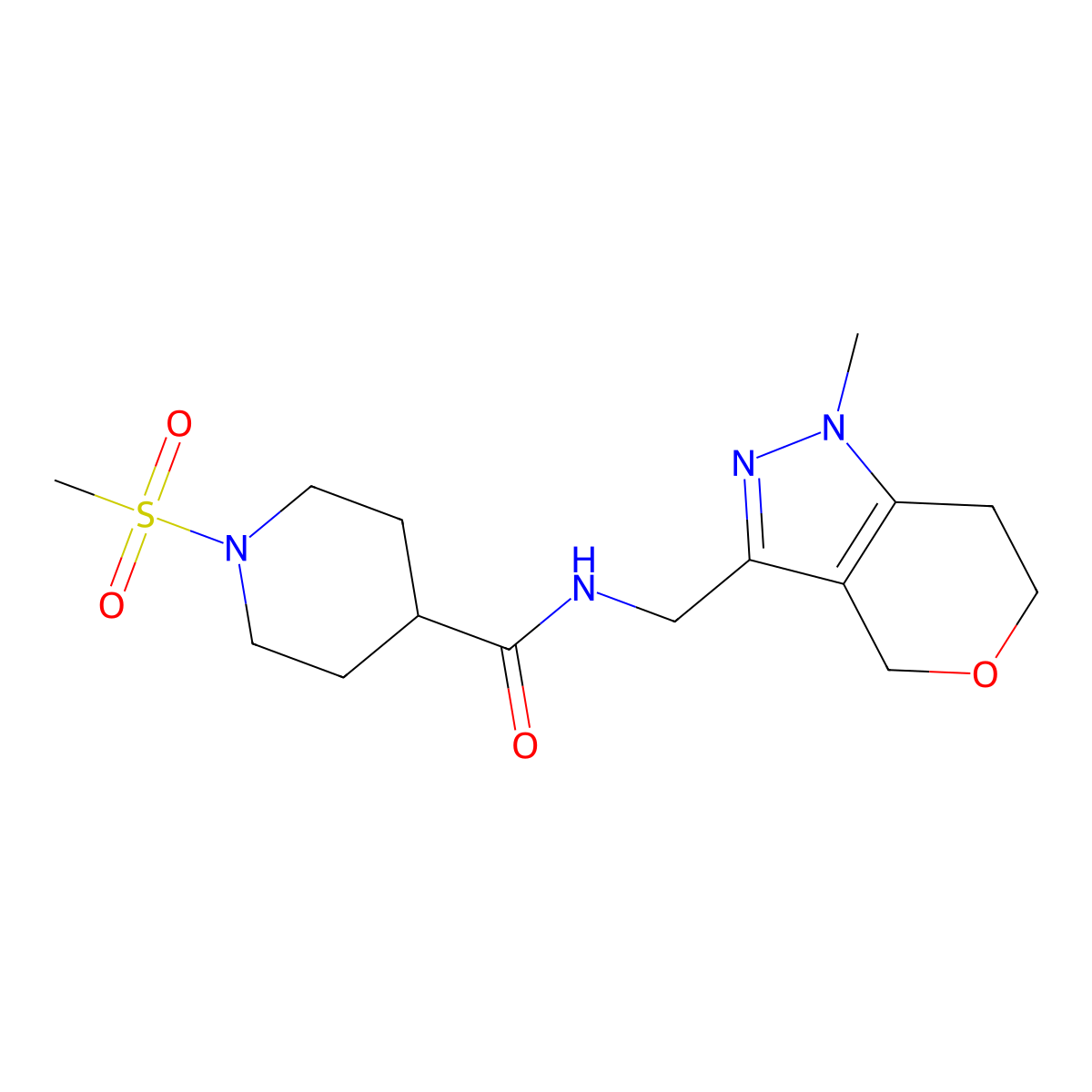 N-((1-methyl-1,4,6,7-tetrahydropyrano[4,3-c]pyrazol-3-yl)methyl)-1-(methylsulfonyl)piperidine-4-carboxamide molecular structure, CAS 1797681-65-2