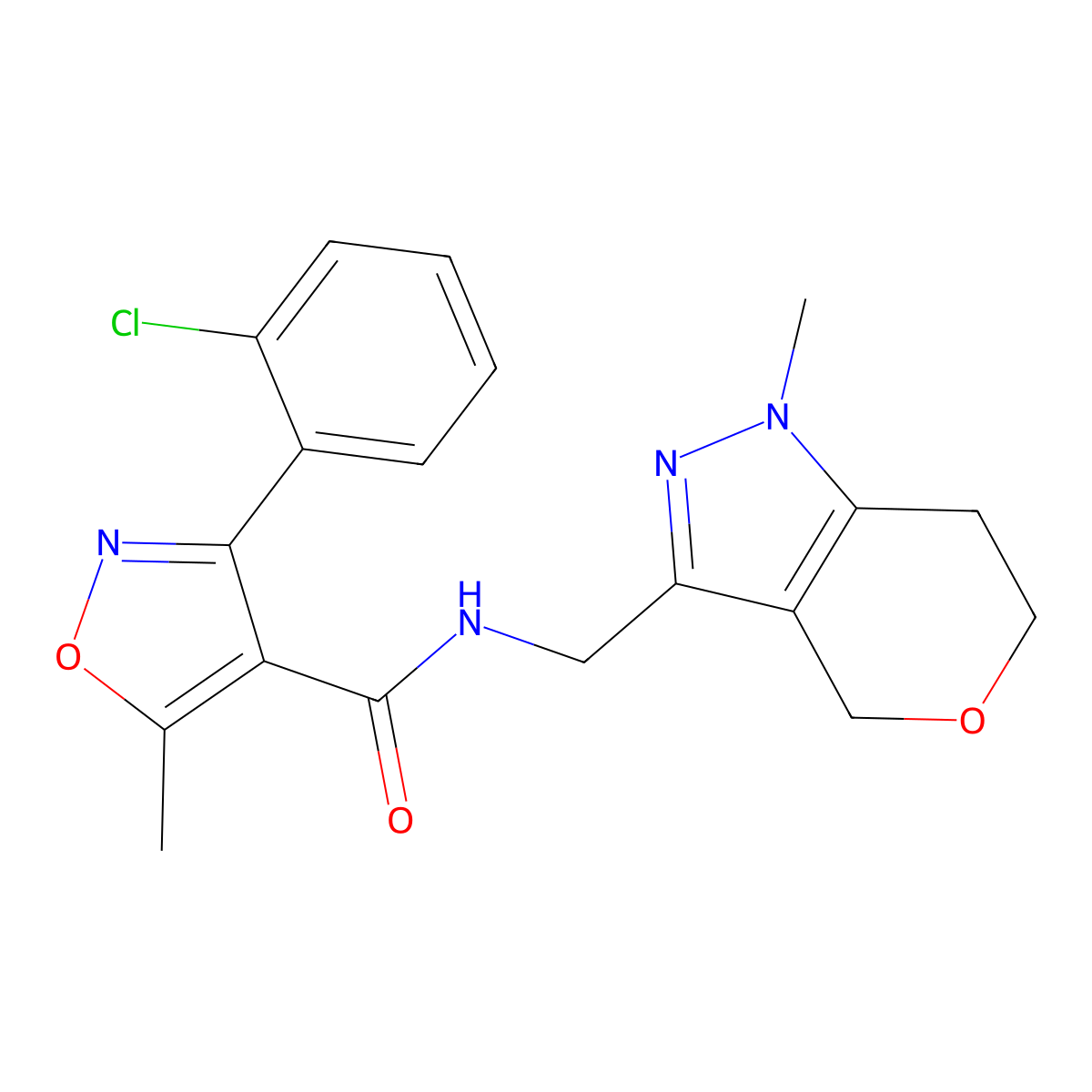 3-(2-chlorophenyl)-5-methyl-N-((1-methyl-1,4,6,7-tetrahydropyrano[4,3-c]pyrazol-3-yl)methyl)isoxazole-4-carboxamide molecular structure, CAS 1797681-73-2