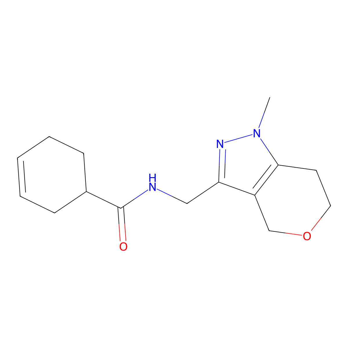 N-((1-methyl-1,4,6,7-tetrahydropyrano[4,3-c]pyrazol-3-yl)methyl)cyclohex-3-enecarboxamide molecular structure, CAS 1797681-76-5